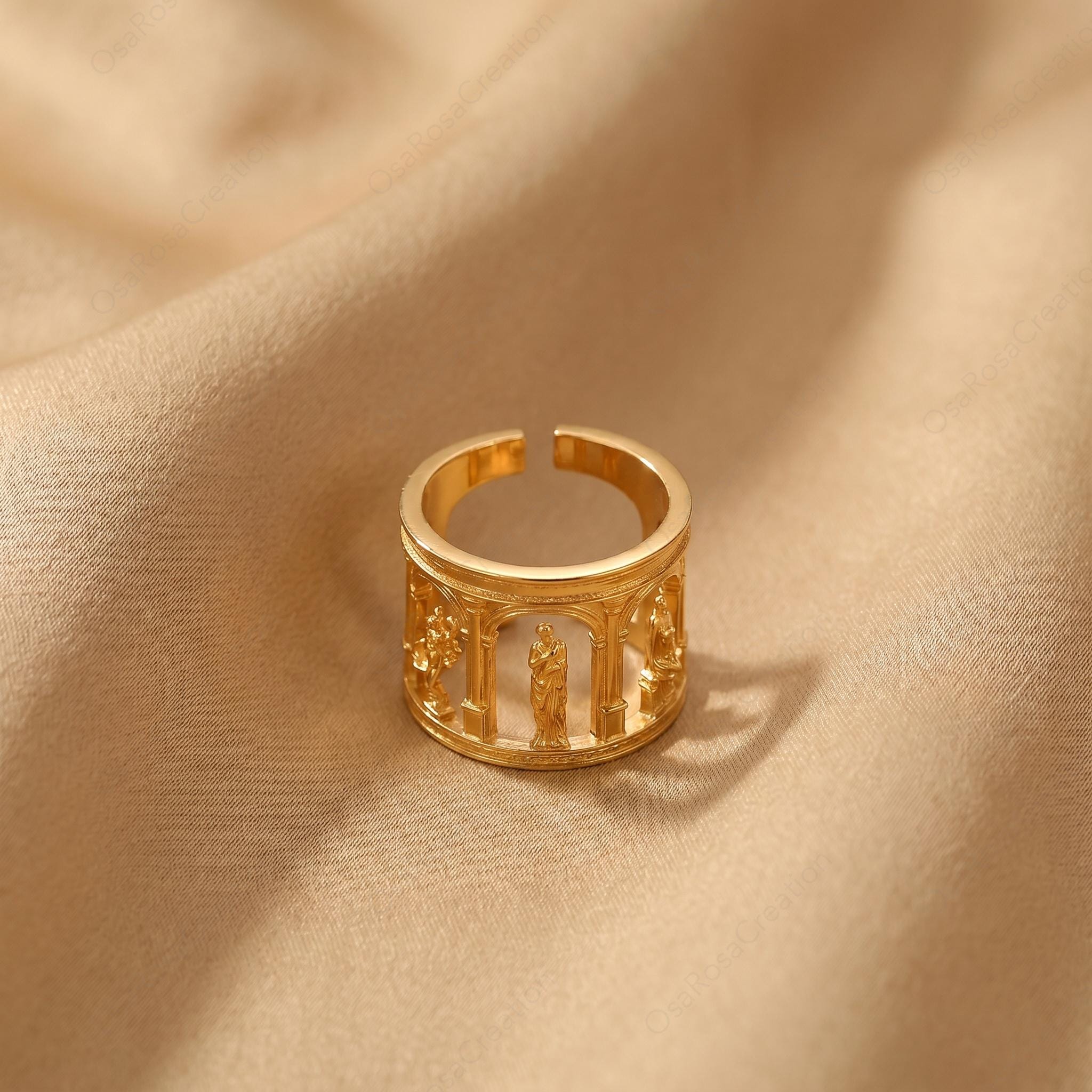 Architectural Gold Ring, Ancient Temple Ring, Classical Column Ring, Sculptural Wide Band Ring, Artistic Statement Ring, Museum Jewelry