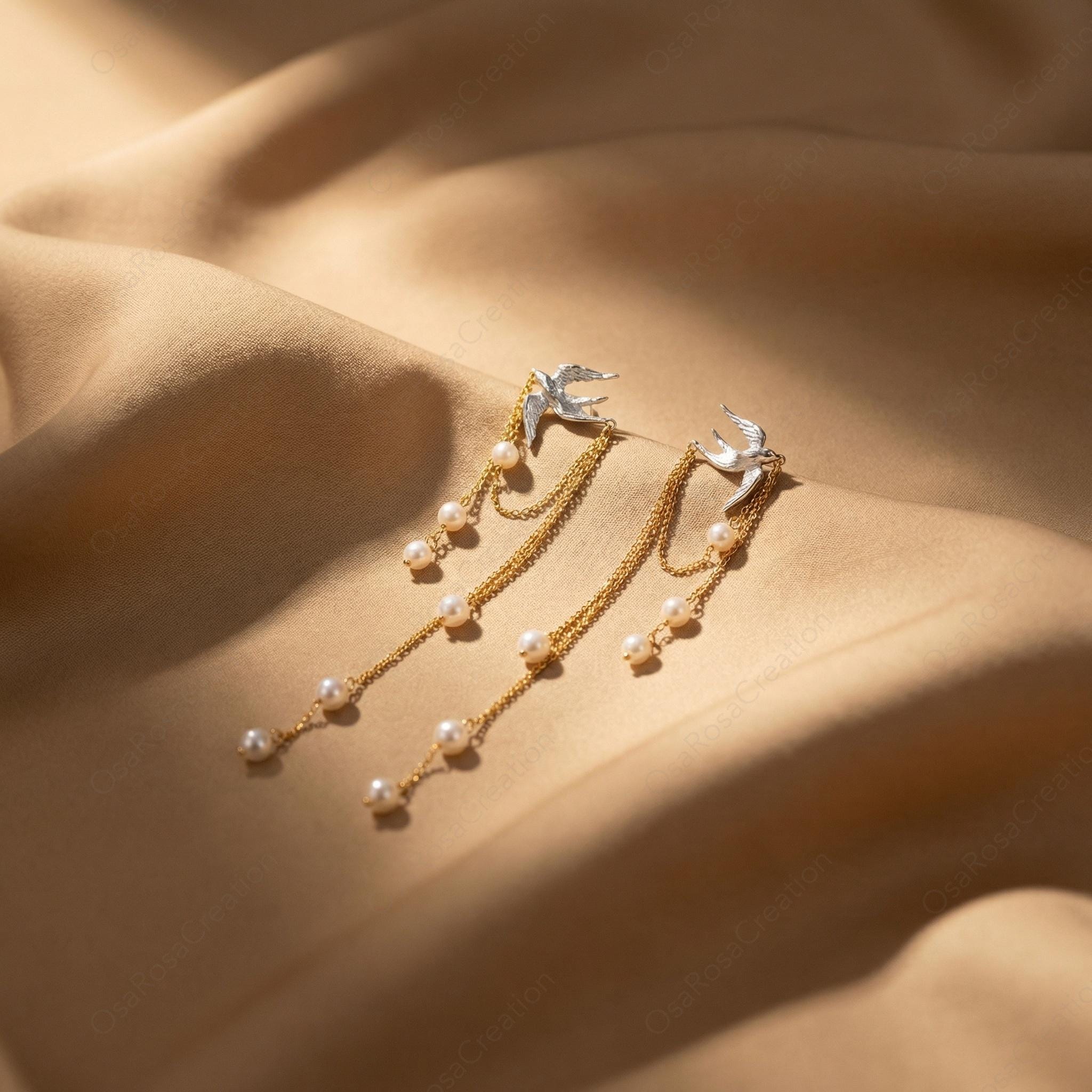 Silver Bird Pearl Drop Earrings: Nature Inspired Bridal Jewelry