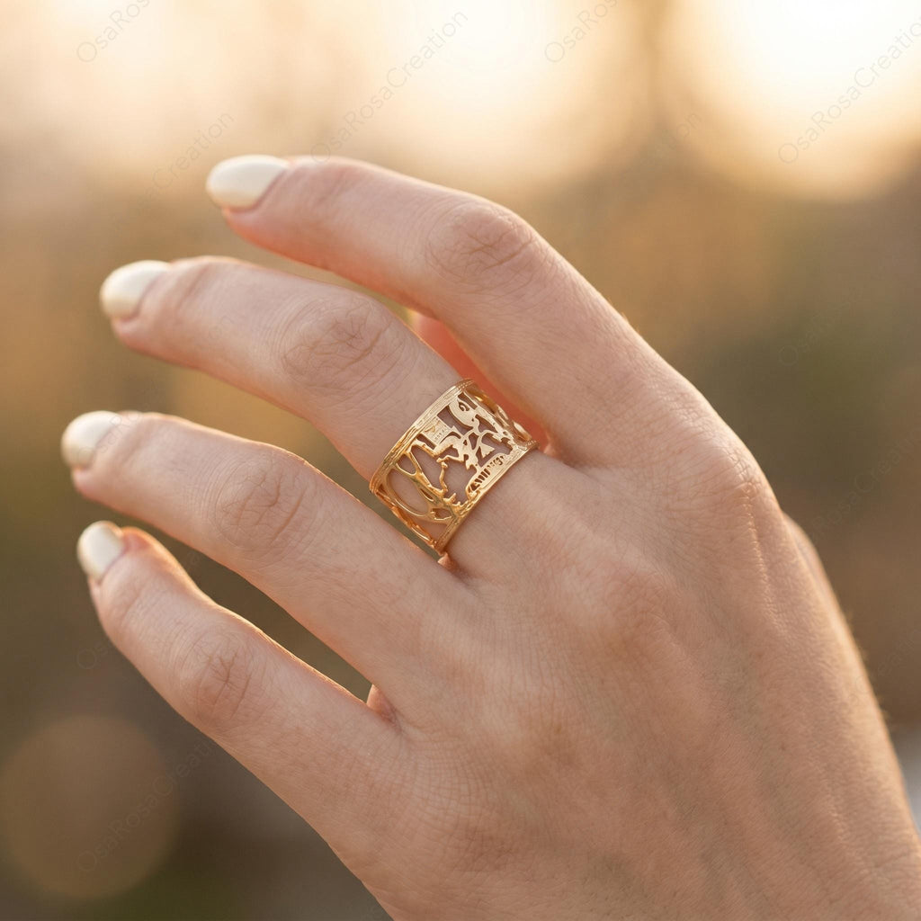 Gold Plated Copper Hieroglyphic Ring | Egyptian Nile Statement Jewelry (Adjustable)