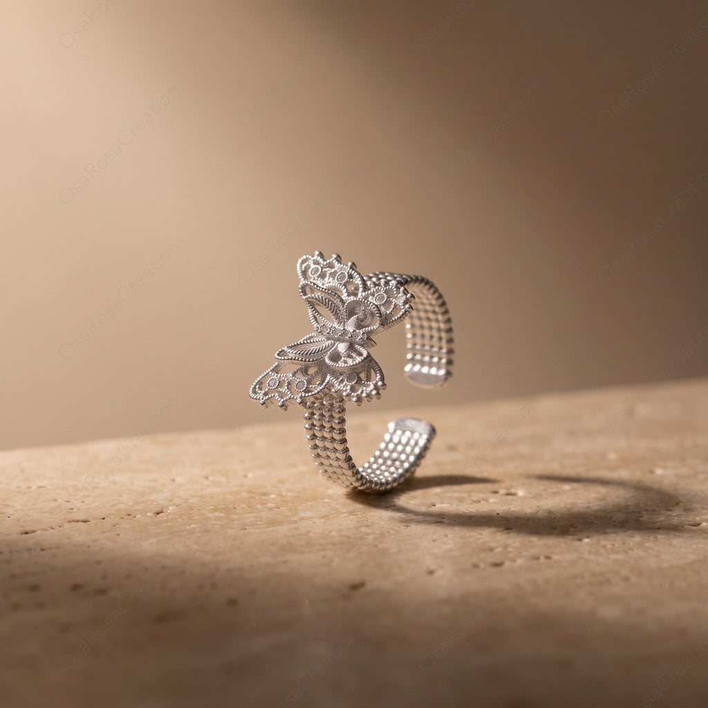 Silver Filigree Butterfly Ring, Lace Openwork Insect Jewelry, Vintage Style Beaded Band Ring, Adjustable Statement Ring, Gift for Her