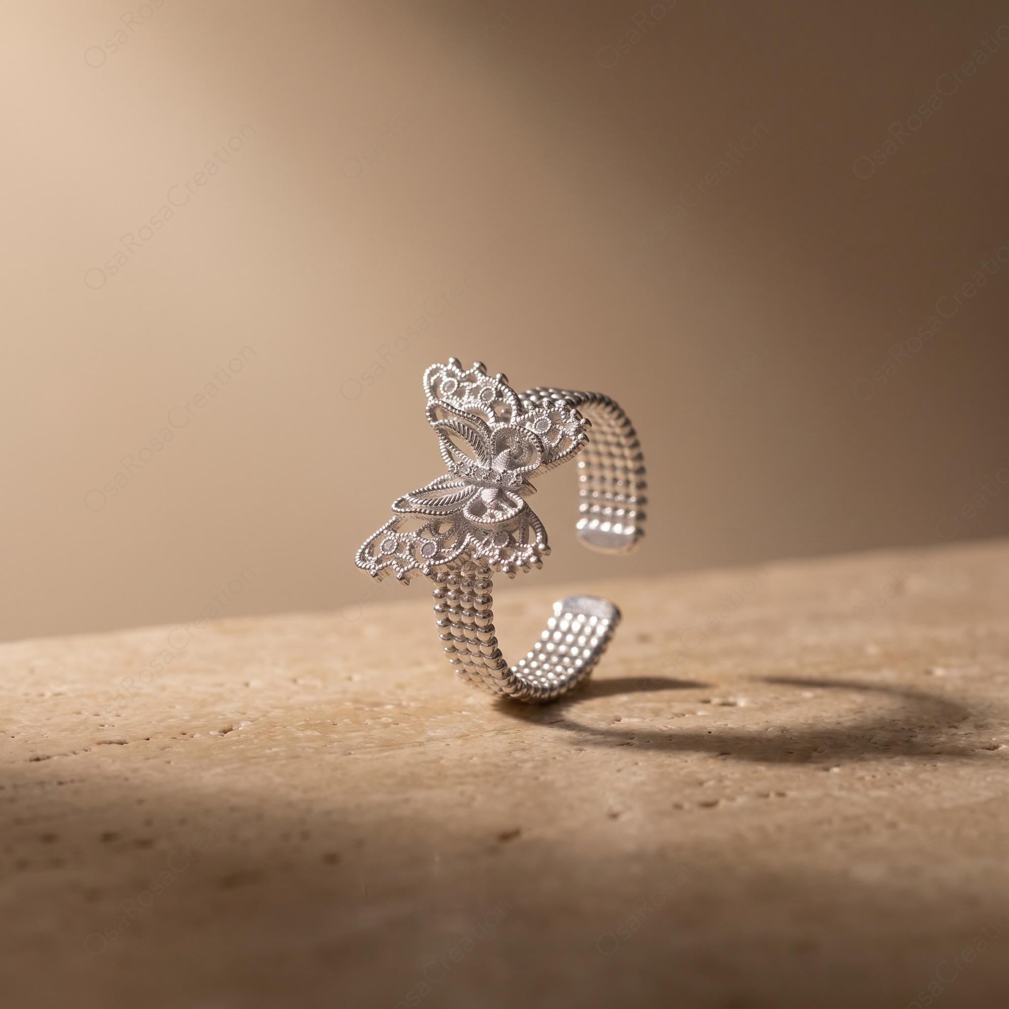 Silver Filigree Butterfly Ring, Lace Openwork Insect Jewelry, Vintage Style Beaded Band Ring, Adjustable Statement Ring, Gift for Her