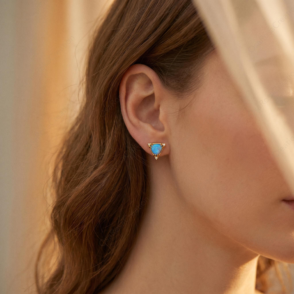 Blue Opal Triangle Stud Earrings, Gold Plated Geometric Dainty Jewelry