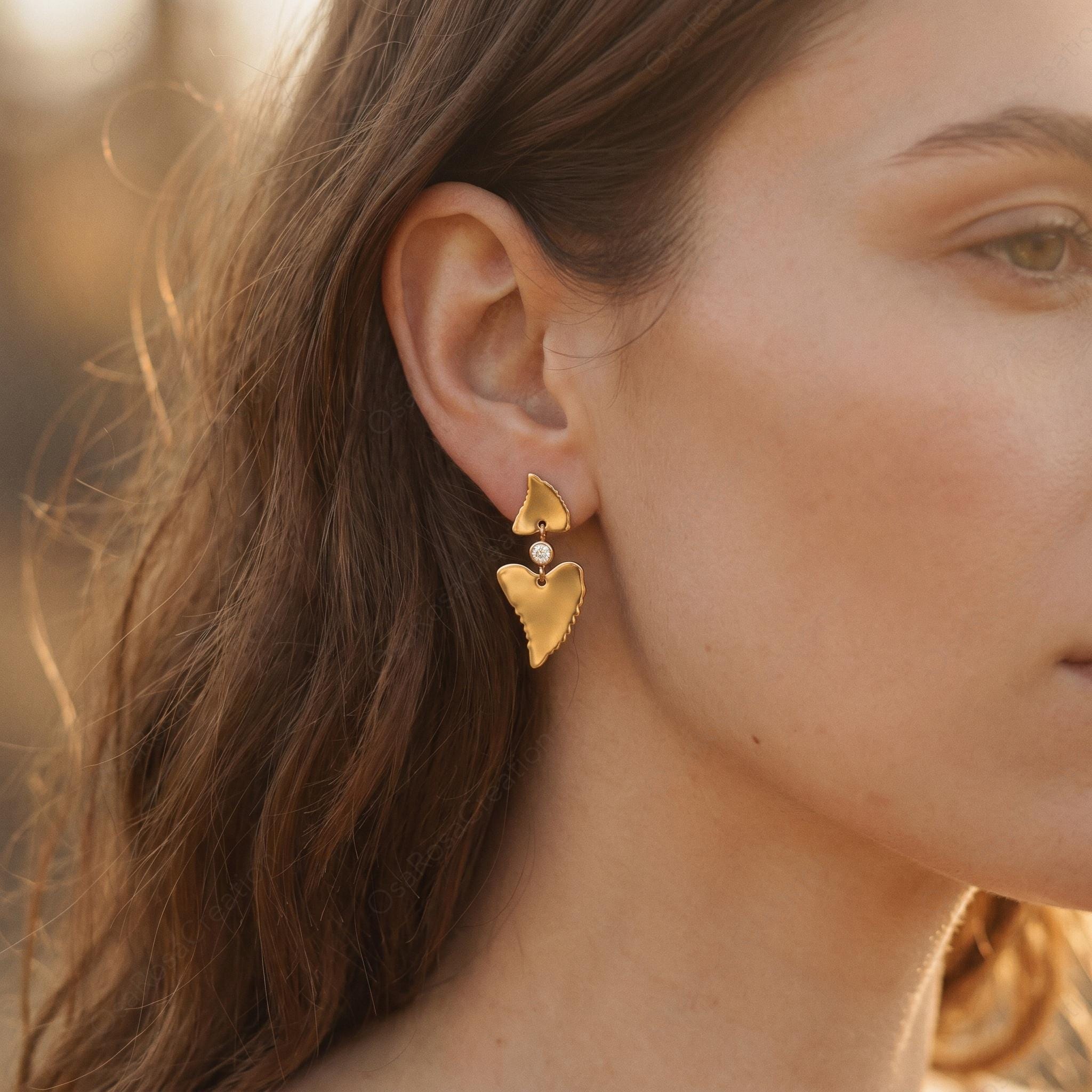 Organic Heart Drop Earrings, Textured Gold Dangle Artisan Jewelry