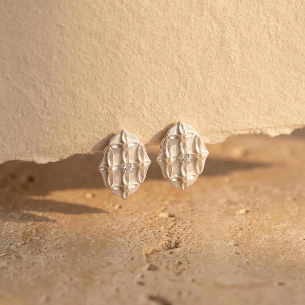 Silver Vintage Style Stud Earrings, Geometric Pearl Earrings, Art Deco Floral Studs