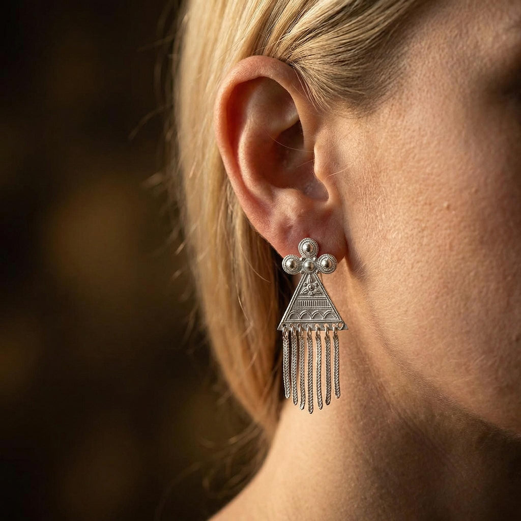 Tribal Tassel Earrings – Intricate Granulation Filigree Drops, Sterling Silver Posts