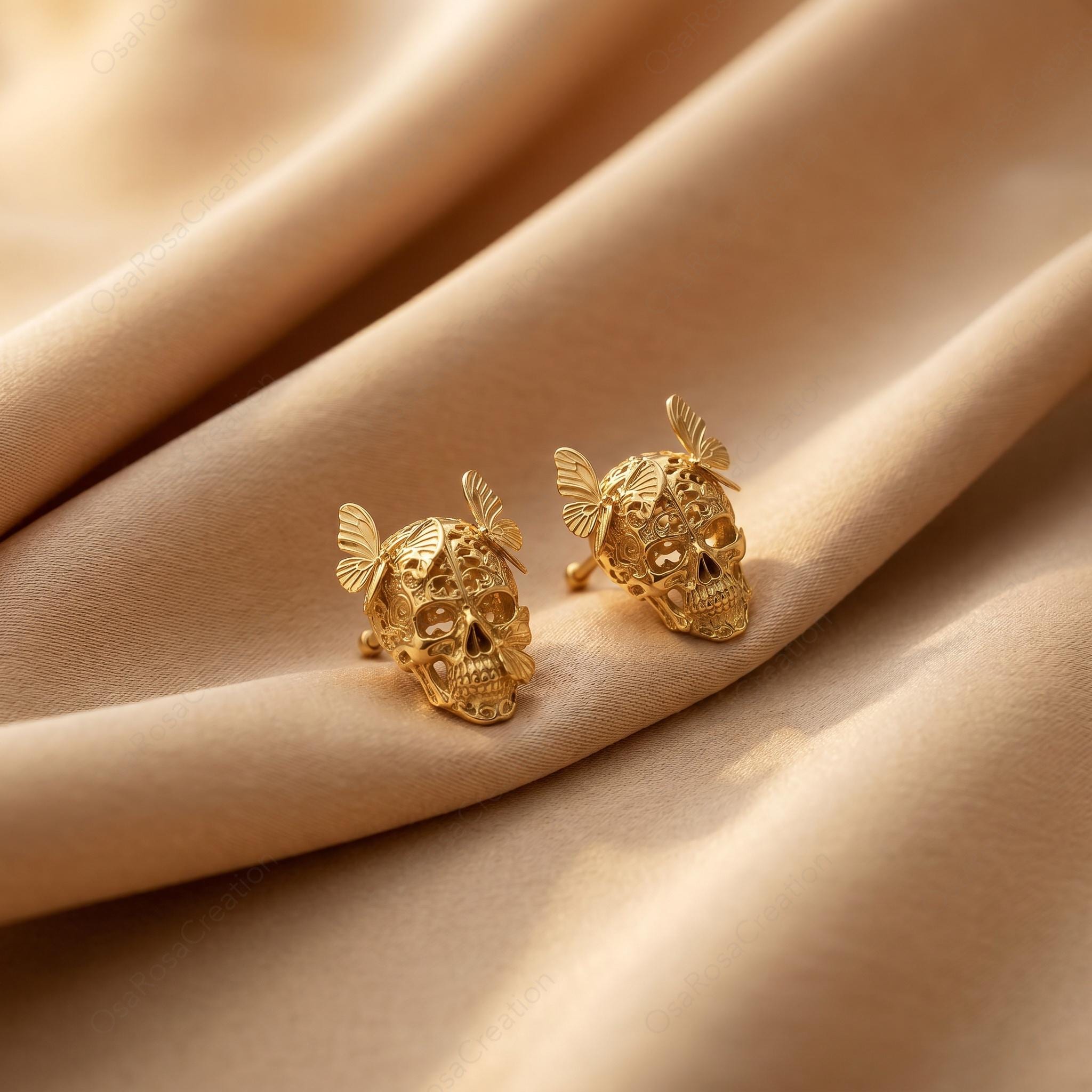 Gold Skull Butterfly Studs • Gothic Filigree Earrings, Sterling Silver Post· Fresh start gift