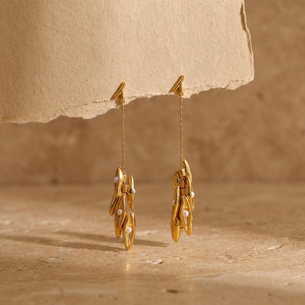 Sculptural Gold Pearl Drop Earrings, Nature Inspired Botanical Jewelry