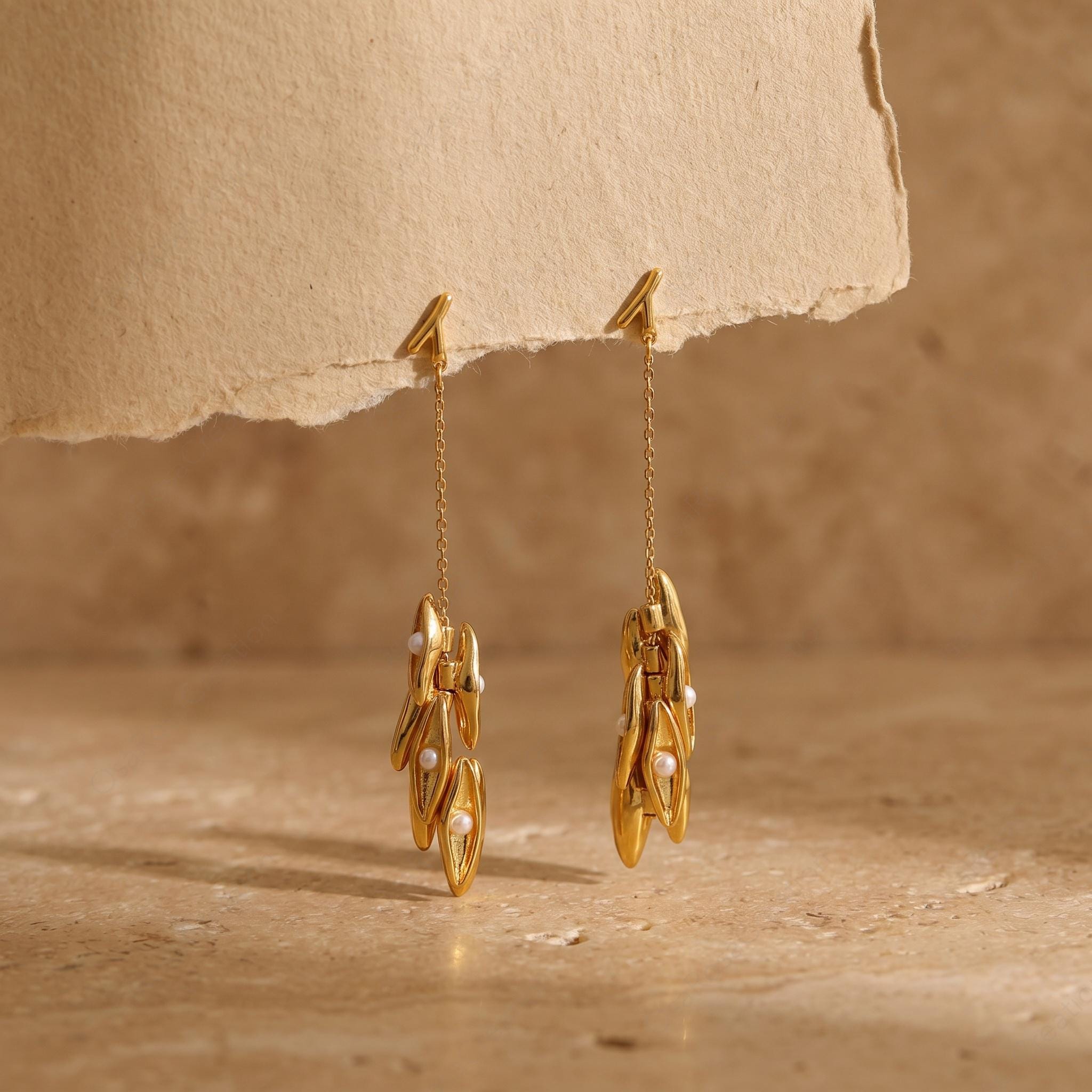 Sculptural Gold Pearl Drop Earrings, Nature Inspired Botanical Jewelry