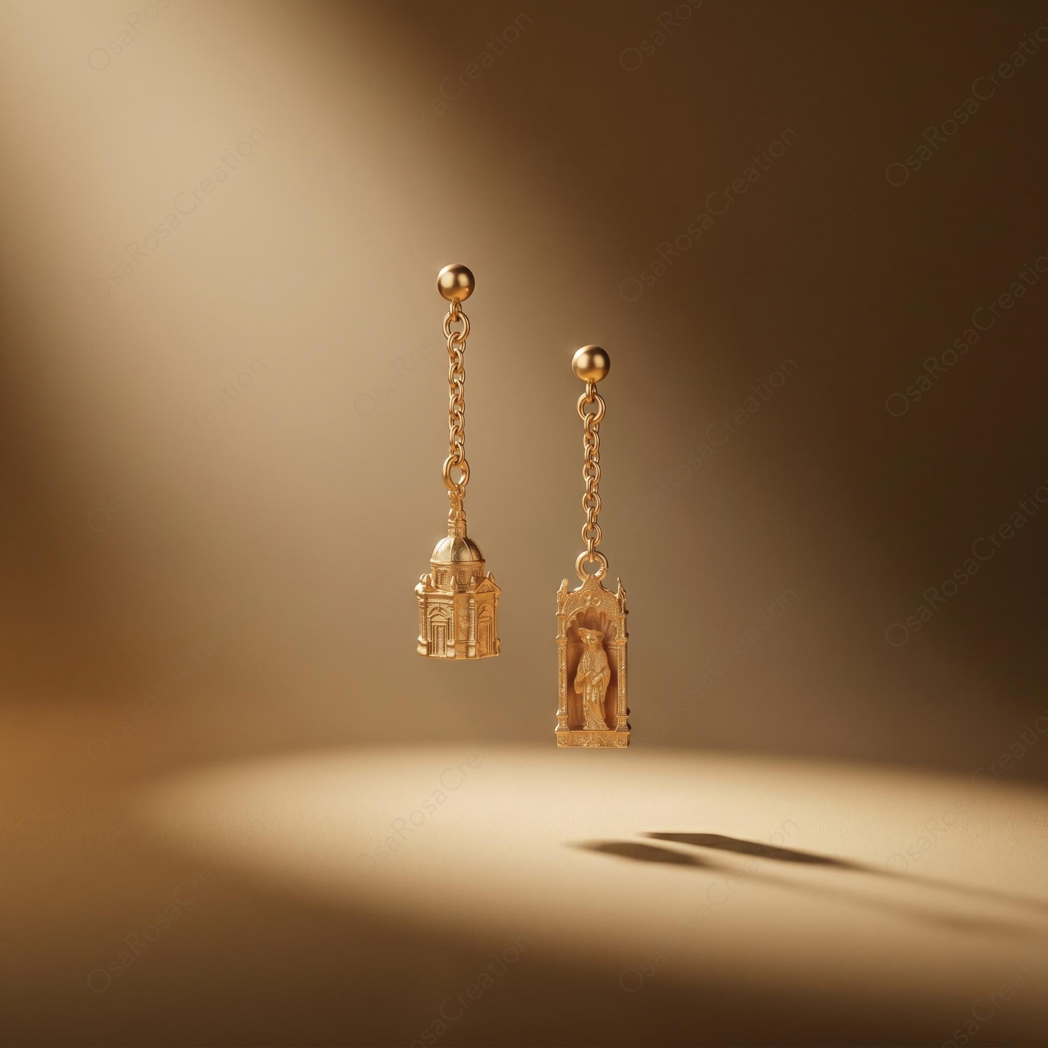 Cat Castle Earrings | Gold Baroque Basilica Dangle Earrings | Architecture Jewelry