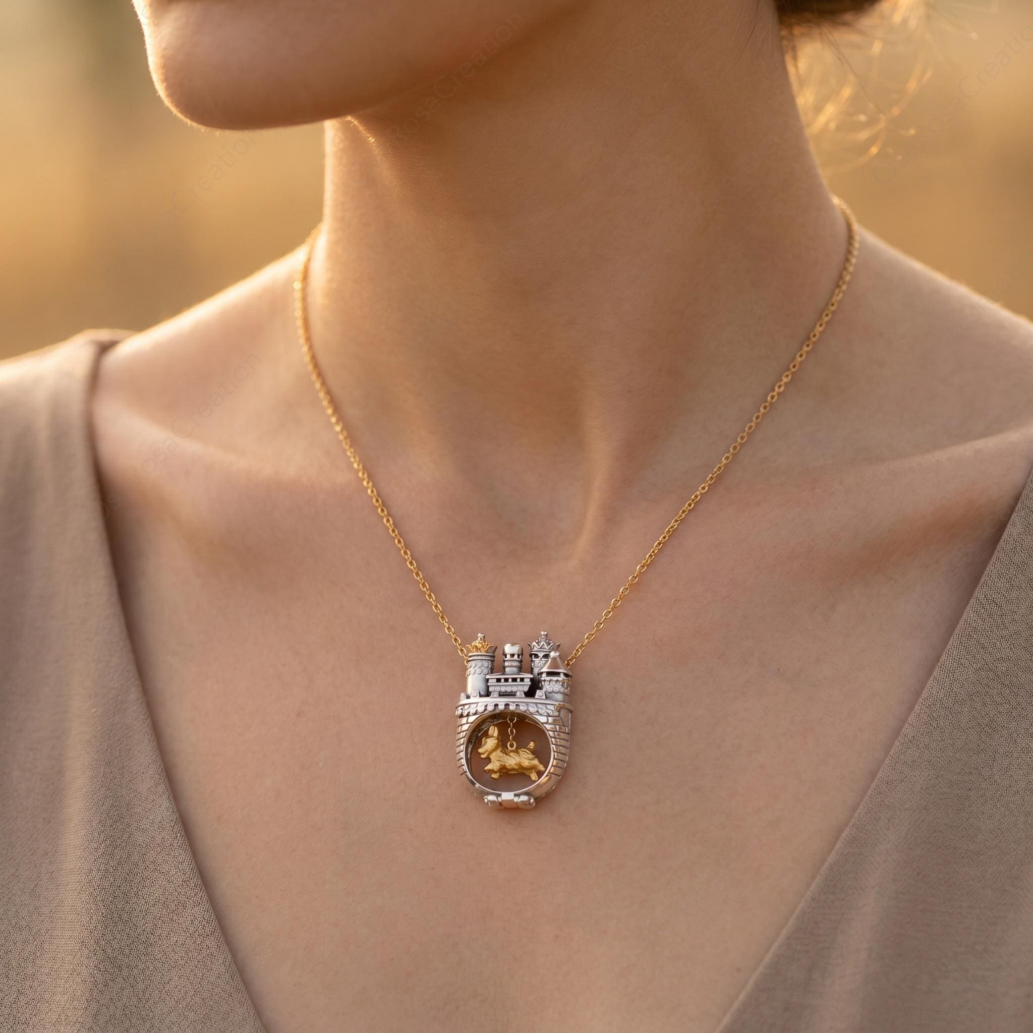 Mixed Metal Castle Dog Pendant Necklace, Fairytale Miniature Jewelry, Artistic Silver Choker