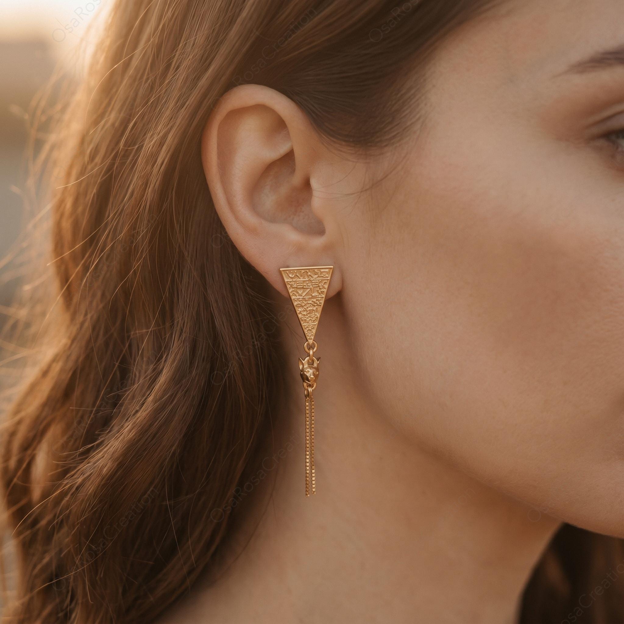 Egyptian Cat Goddess Earrings – Bastet Jewelry Gold Dangle Drop Earrings Ancient Egypt Style