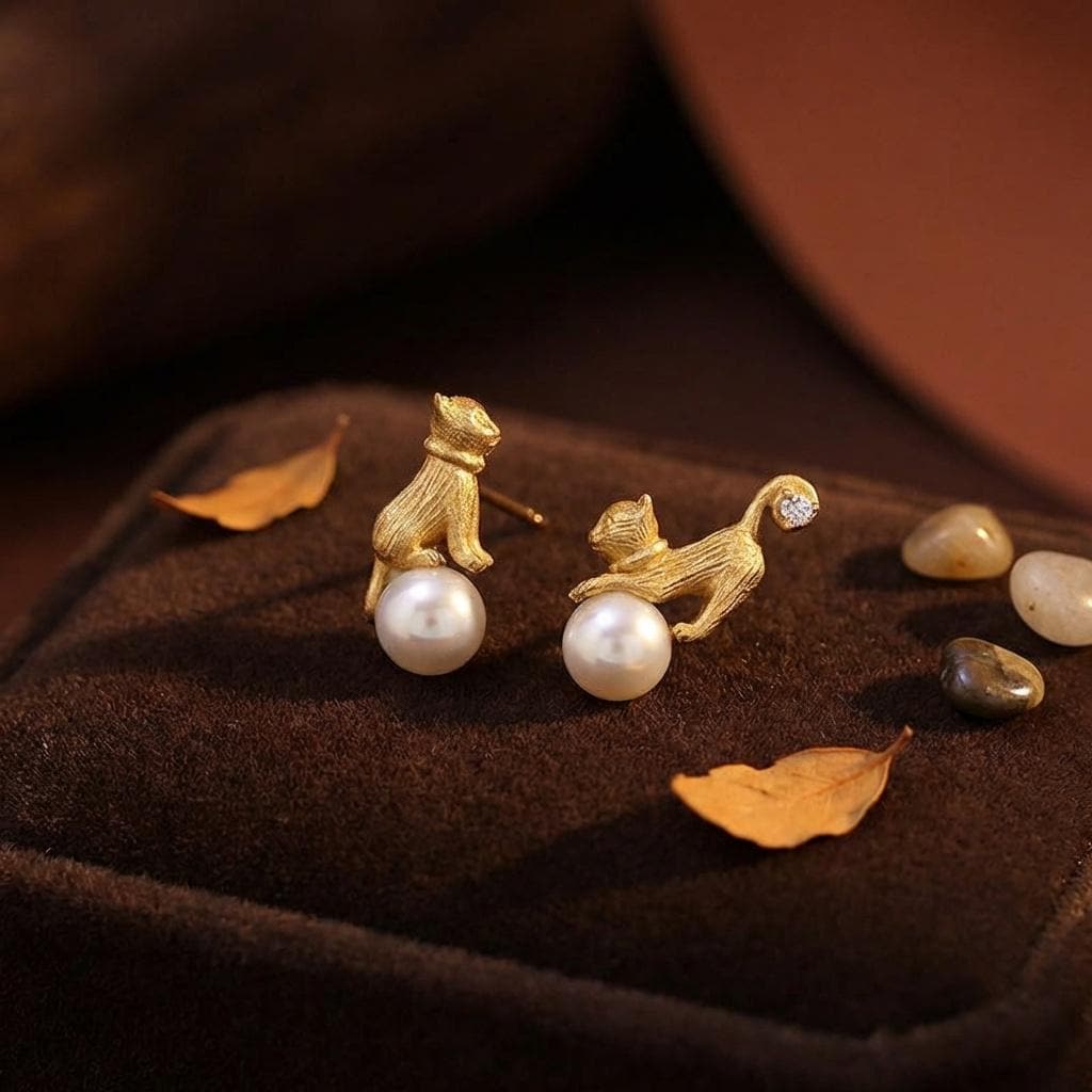 Textured Gold Cat Pearl Earrings • Playful Kitten Studs, Mismatched Animal Jewelry