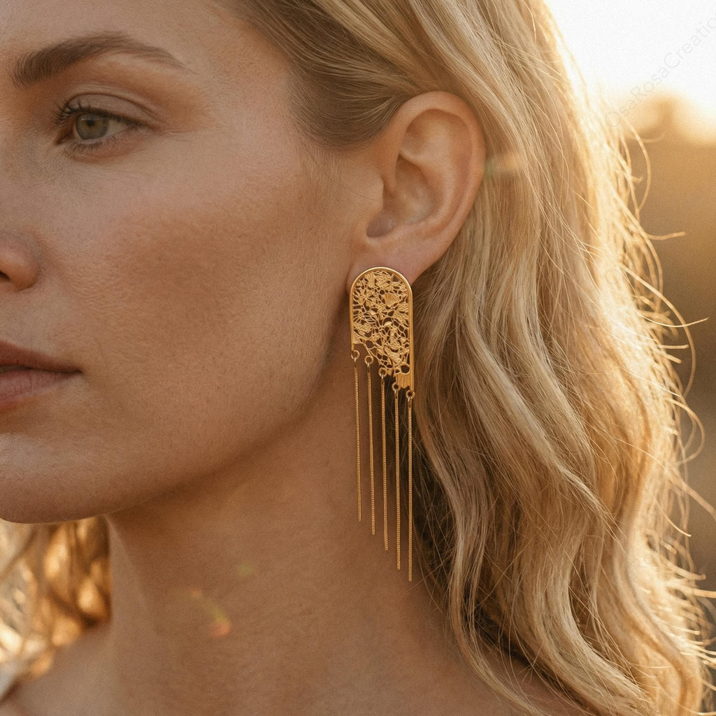 Vintage Gold Floral Arch Dangle Earrings – Botanical Lace Fringe, Romantic Wedding Jewelry (Clip-on)