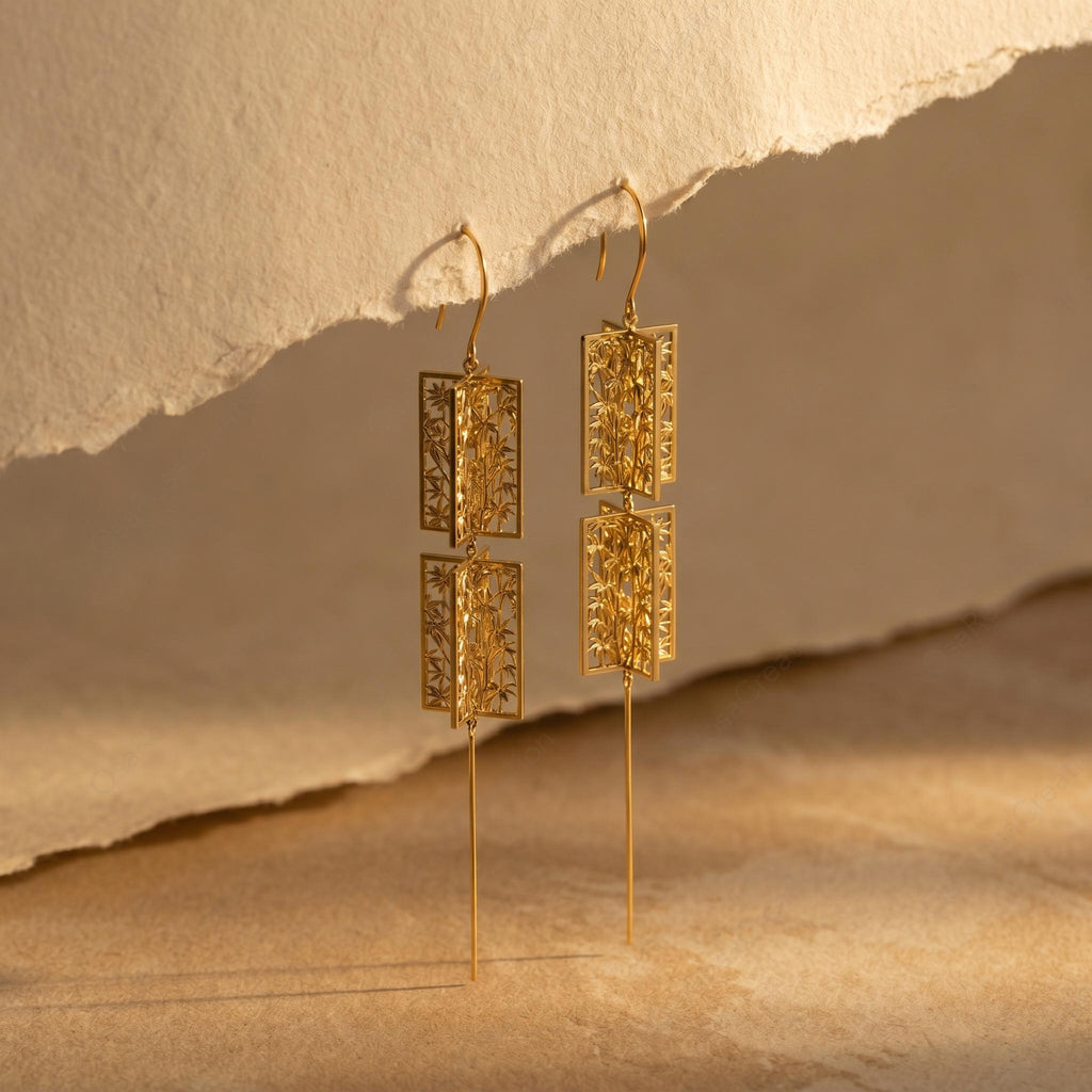 Gold Bamboo Lantern Drop Earrings, Architectural Oriental Botanical Statement Jewelry