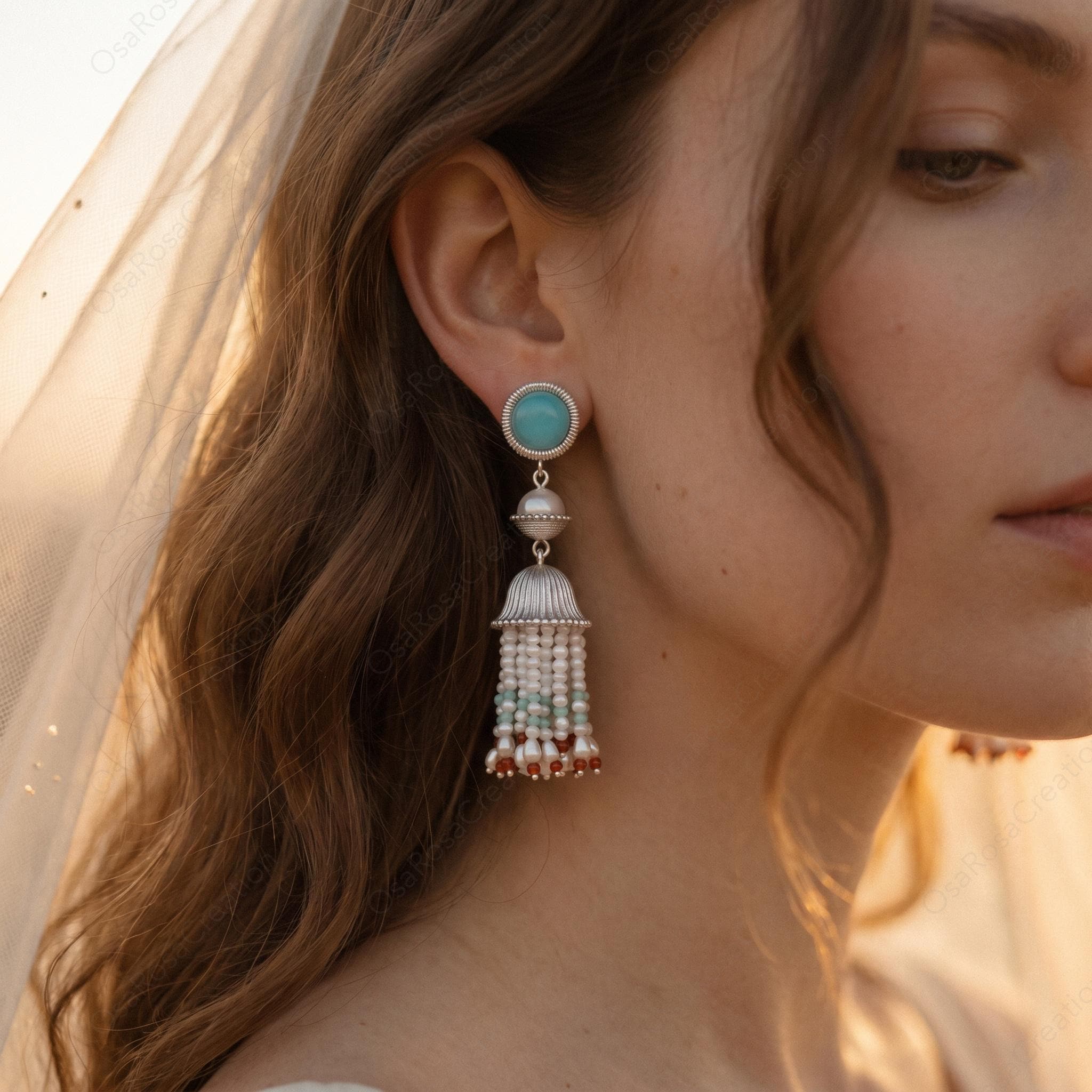 Artisan Sterling Silver Pearl Tassel Earrings, Mediterranean Blue Stone Bohemian Dangles