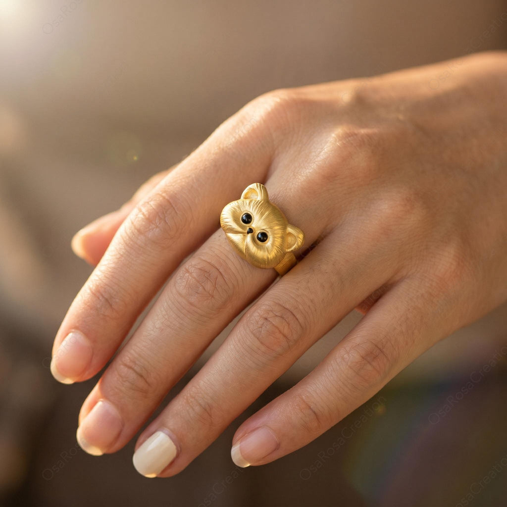 Sculptural Gold Cat Ring, Textured Feline Statement Jewelry, Artistic Animal Ring