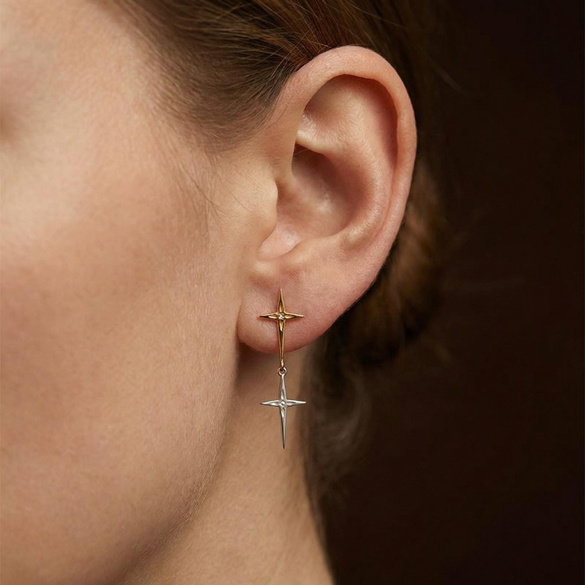 Mixed Metal North Star Dangle Earrings • Celestial Y2K Jewelry