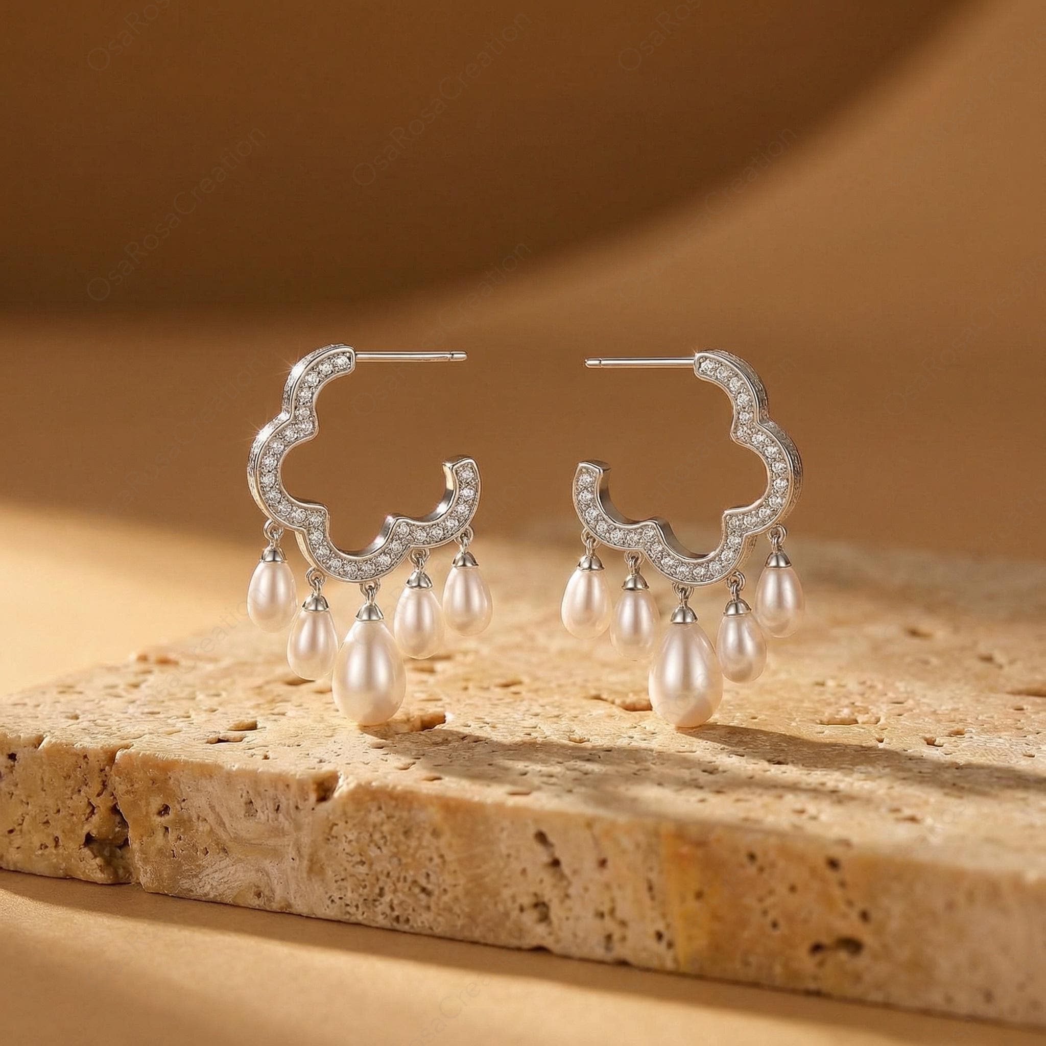 Art Deco Pearl Chandelier Earrings, Sterling Silver Bridal Drop Jewelry