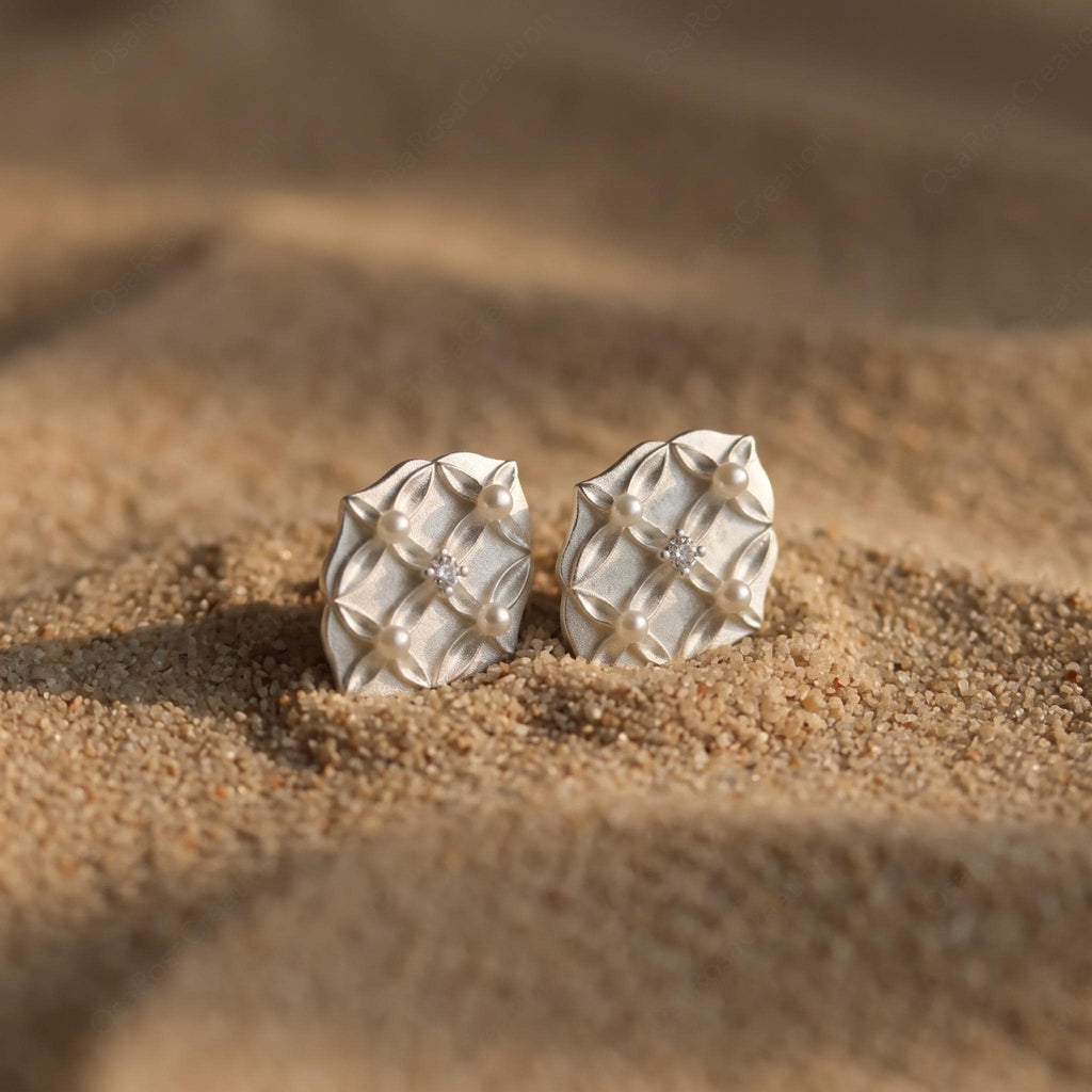 Silver Vintage Style Stud Earrings, Geometric Pearl Earrings, Art Deco Floral Studs