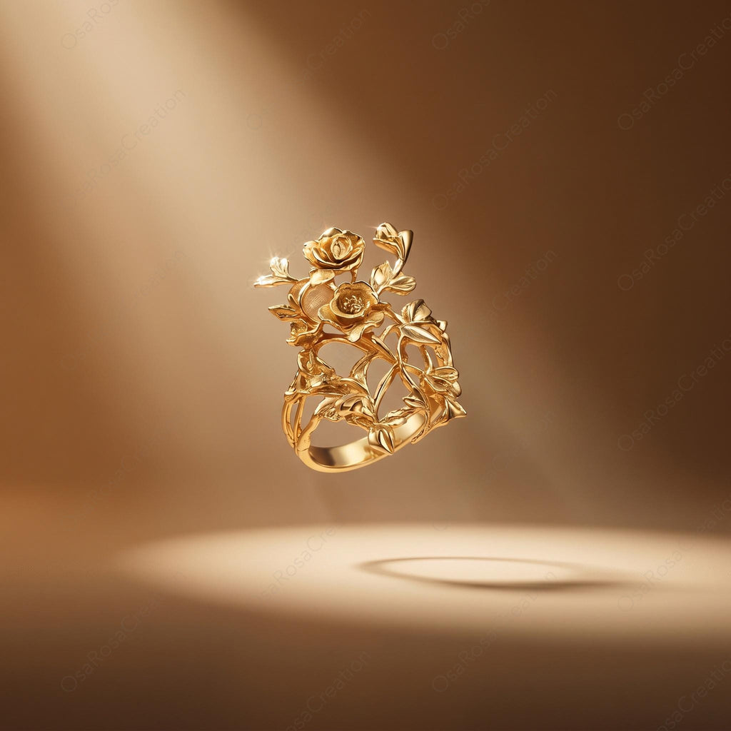 Rose Adjustable Ring Gold Floral Design | Open Botanical Ring Baroque Style | Elegant Flower Ring for Women