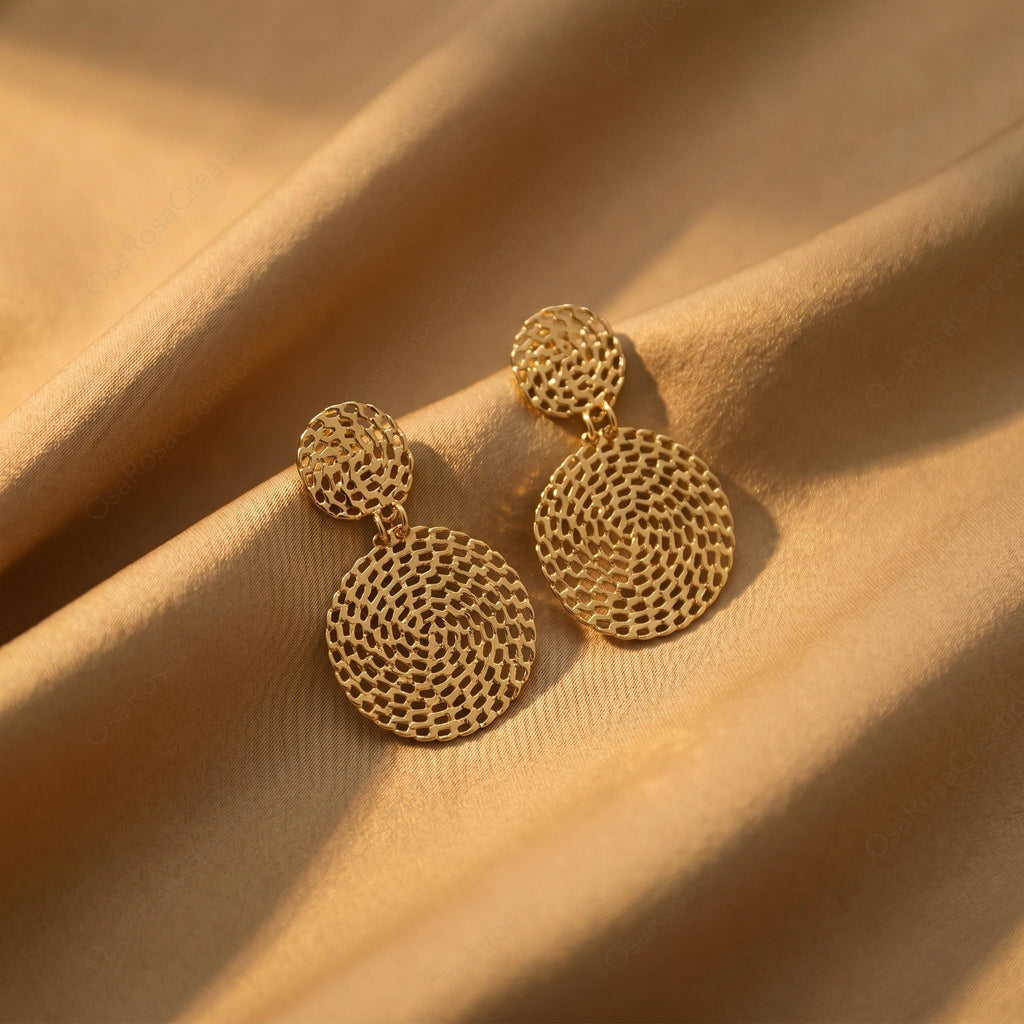 Gold Woven Disc Earrings | Geometric Drop Earrings | Filigree Circle Dangle Earrings | Mediterranean Style Jewelry | Artistic Statement