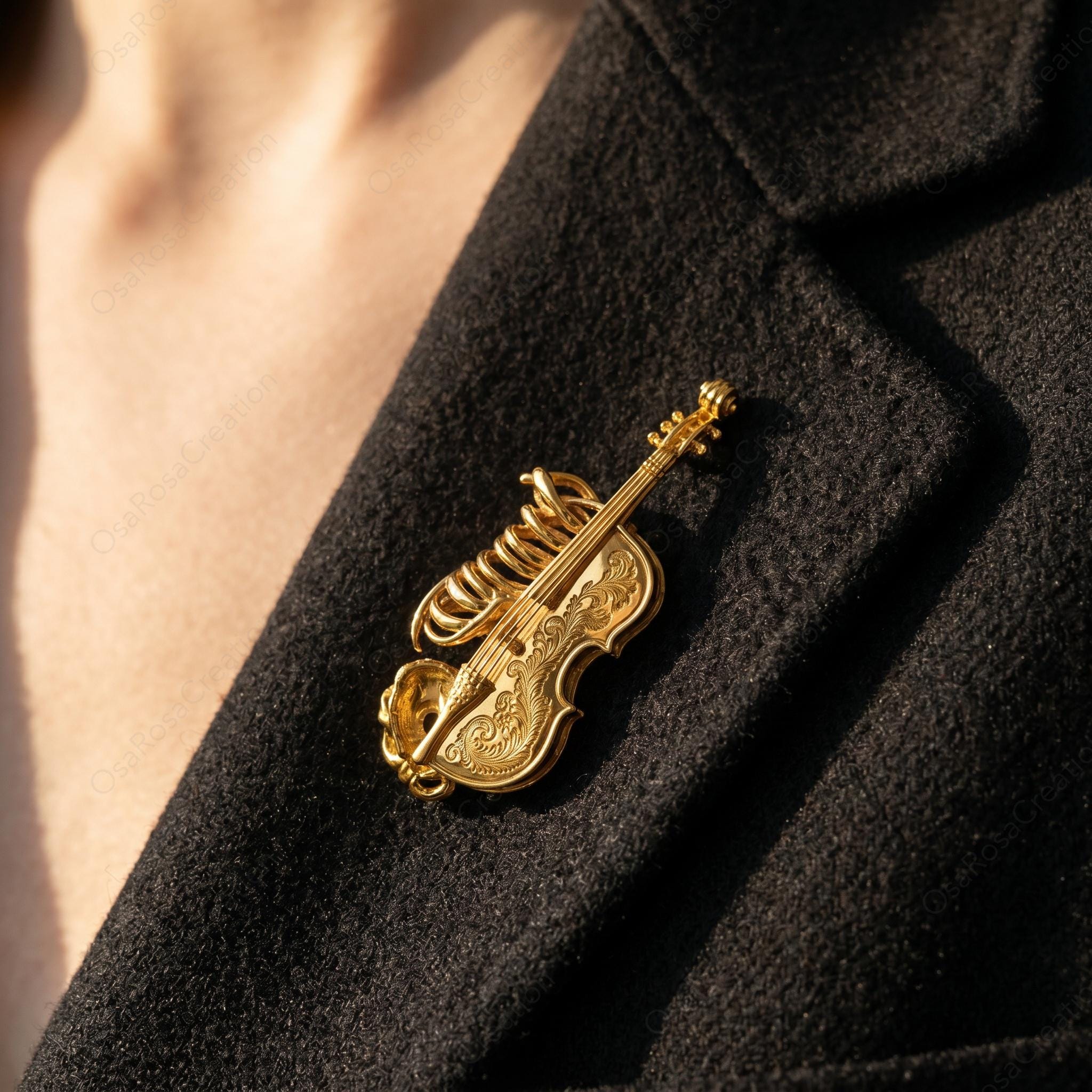 Baroque Violin Rib Cage Brooch | Gold-Tone Artistic Music Jewelry Pin