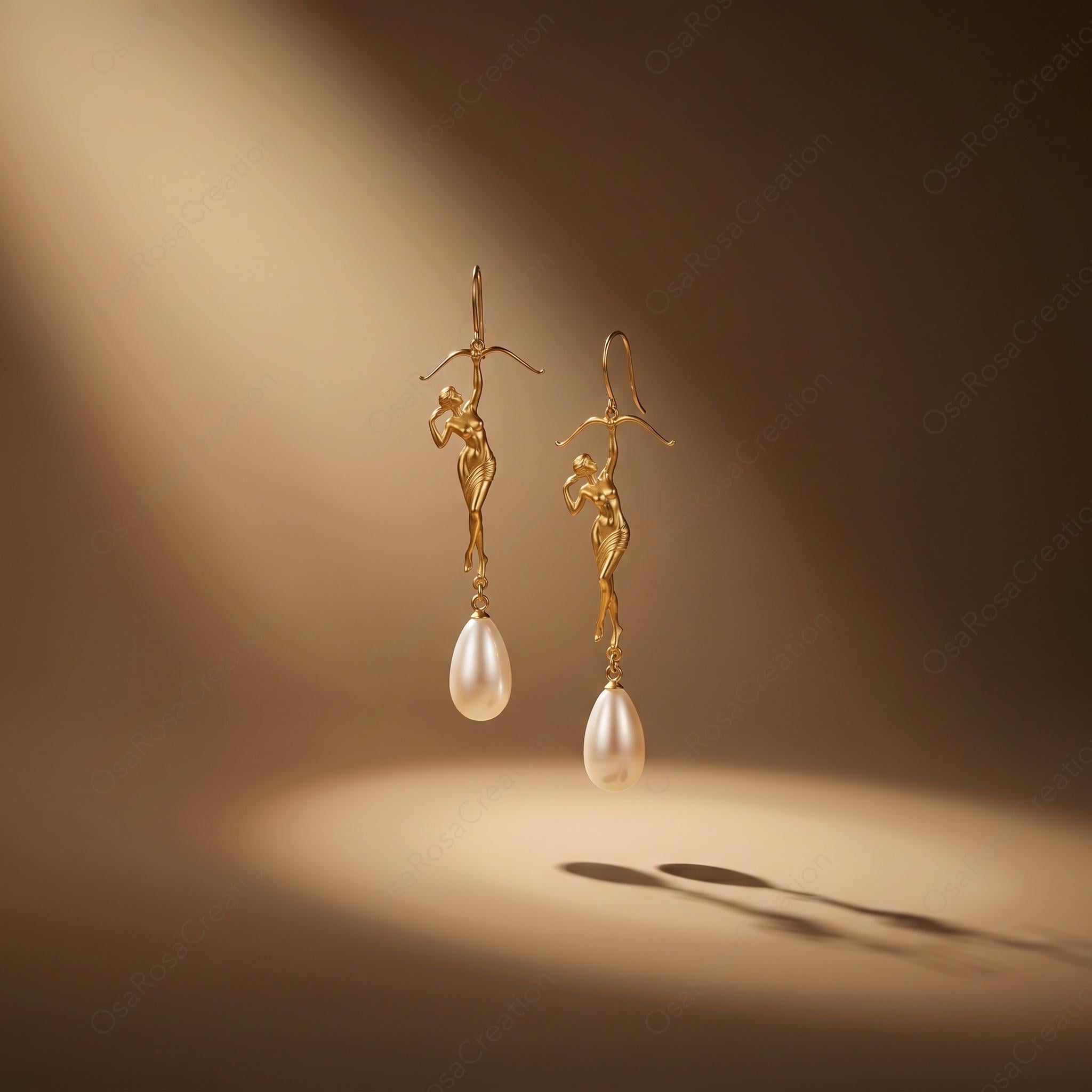 Sagittarius Earrings, Gold Archer Pearl Drop Earrings, Zodiac Statement Earrings, Sculptural Figure Jewelry