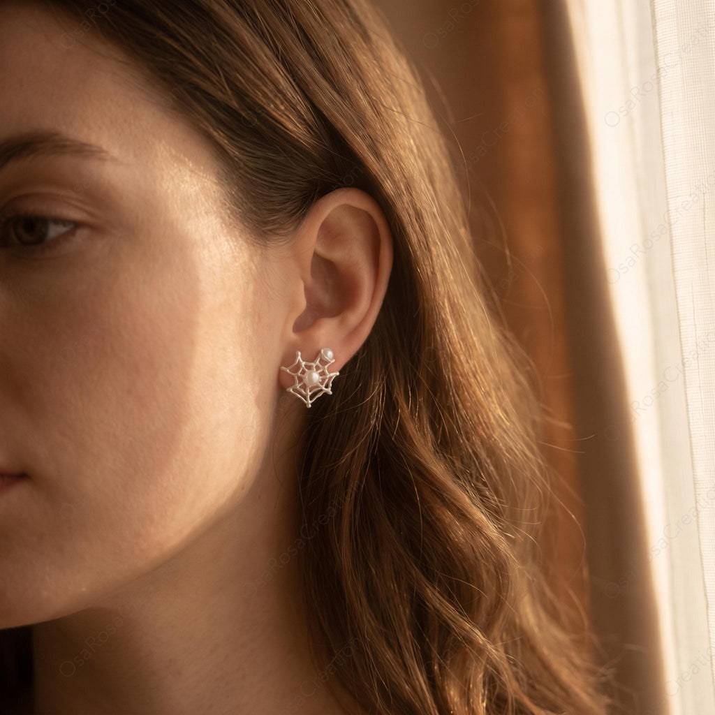 Silver Spider Web Earrings with Pearl Center