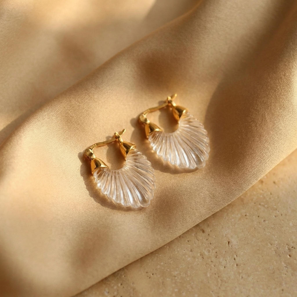 Carved Shell Hoop Earrings – Frosted Scalloped Drops, 18K Gold Plated Huggies