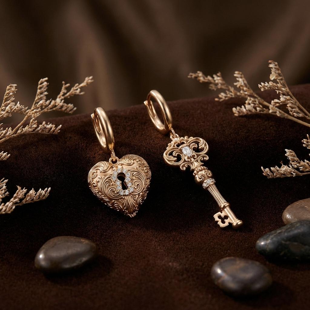 Mismatched Key & Heart Lock Earrings • Baroque Gold Huggies