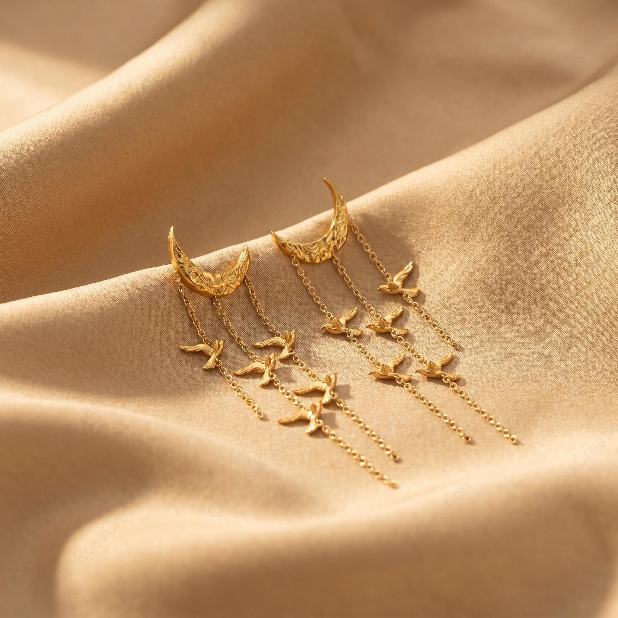 Crescent Moon Bird Dangle Earrings • 18k Gold Plated, Sterling Silver Posts