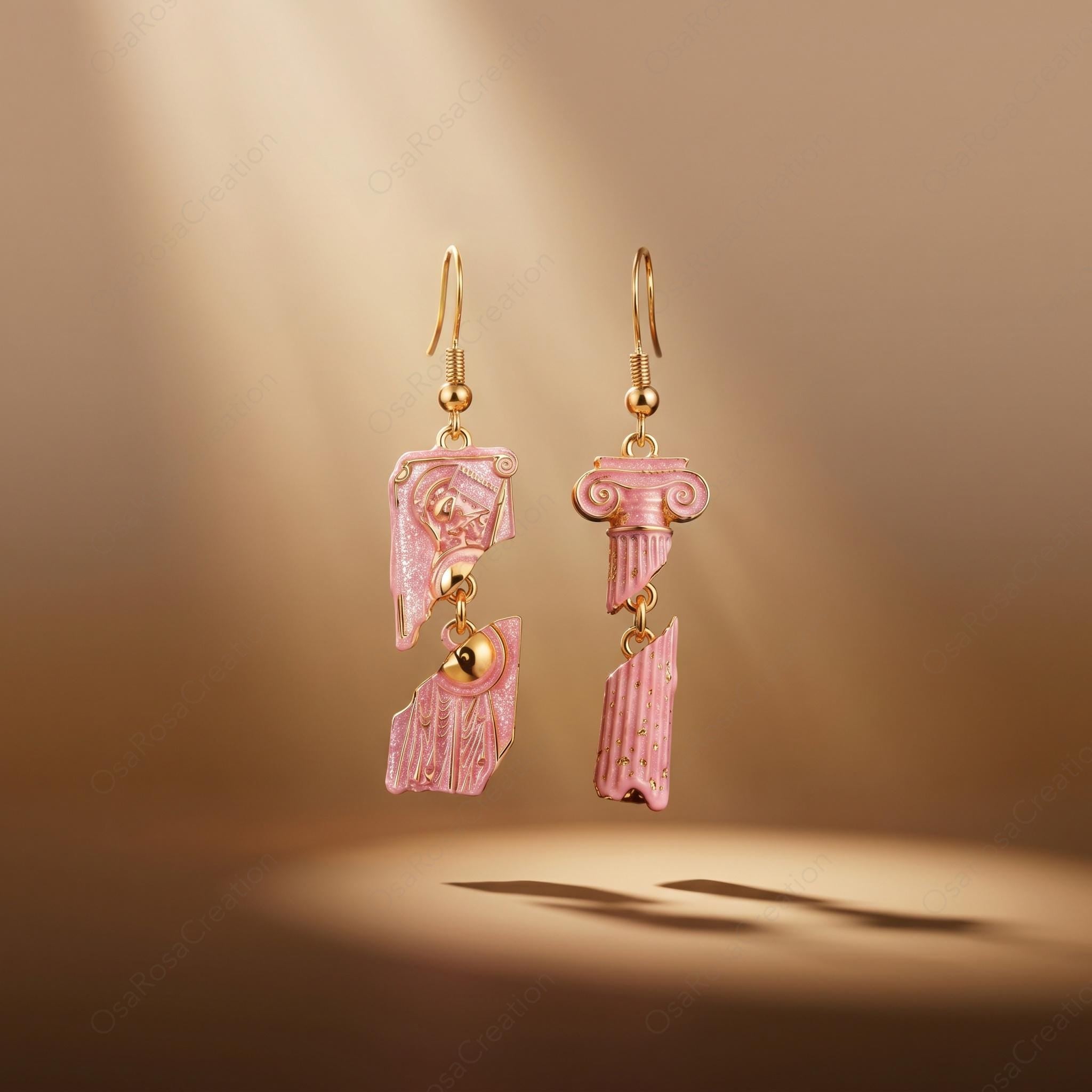 Asymmetrical Pink Pillar Earrings, Ancient Greek Architecture Jewelry, Broken Column Dangle Earrings, Classical Art History Gift for Her