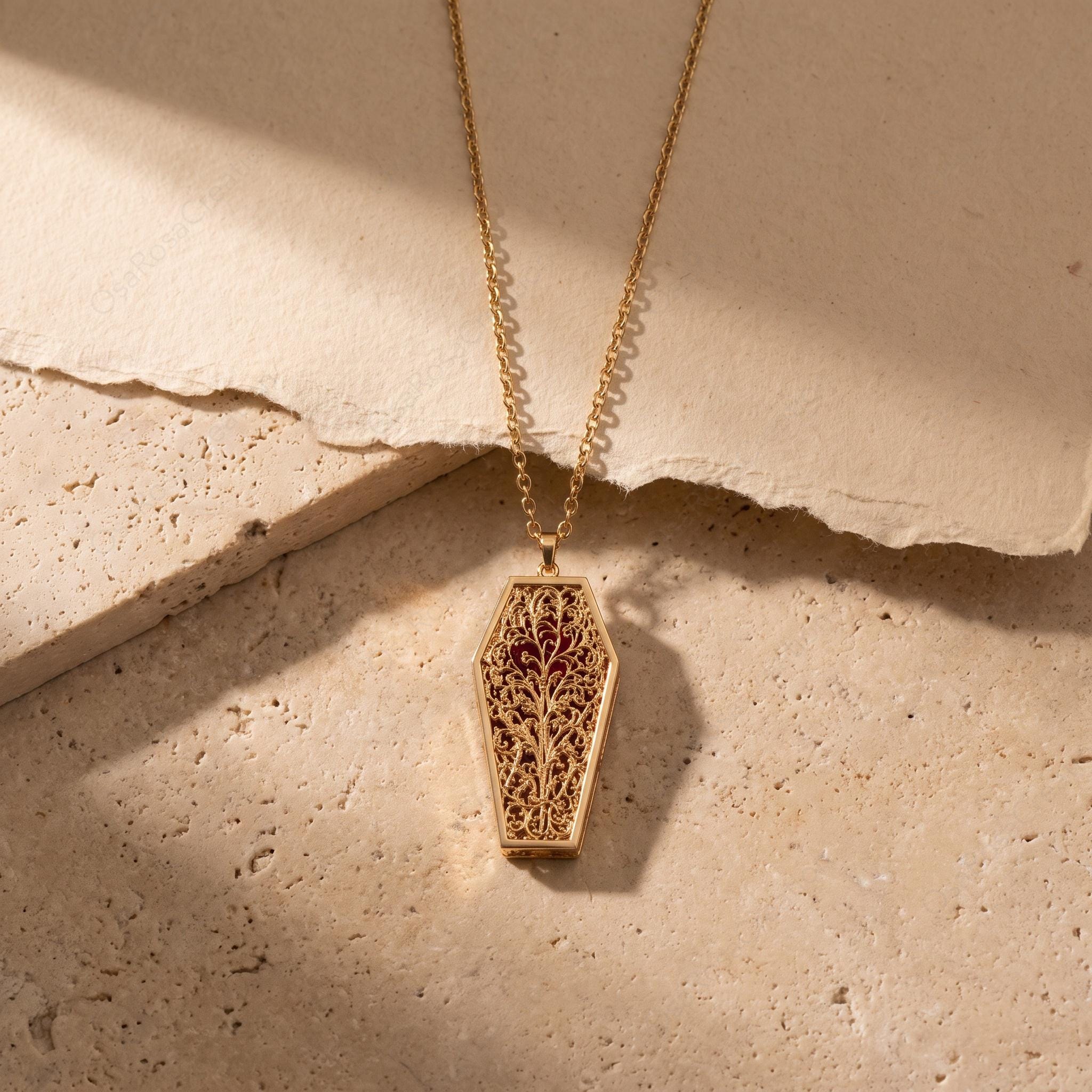 Vintage Gold Coffin Locket Necklace, Red Rose Filigree Pendant, Gothic Romance Jewelry, Victorian Secret Locket, Dark Academia Gift for Her