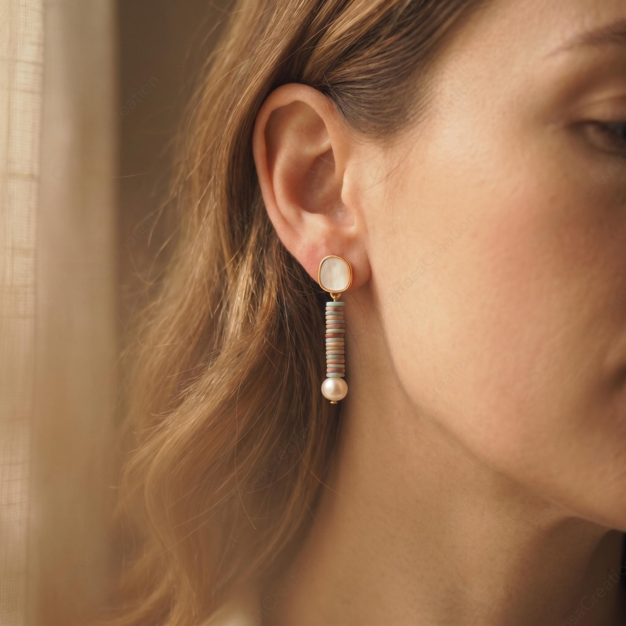 Mother of Pearl Dangle Earrings, Freshwater Pearl Drop Earrings, Mediterranean Style Beaded Jewelry, Coastal Quiet Luxury, Gift for Her