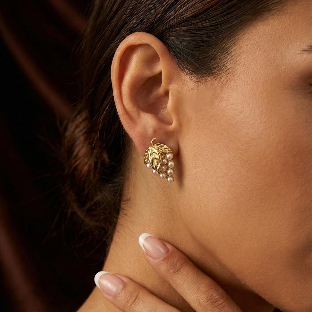Gold Grape Pearl Stud Earrings, Vintage Botanical Dionysus Jewelry