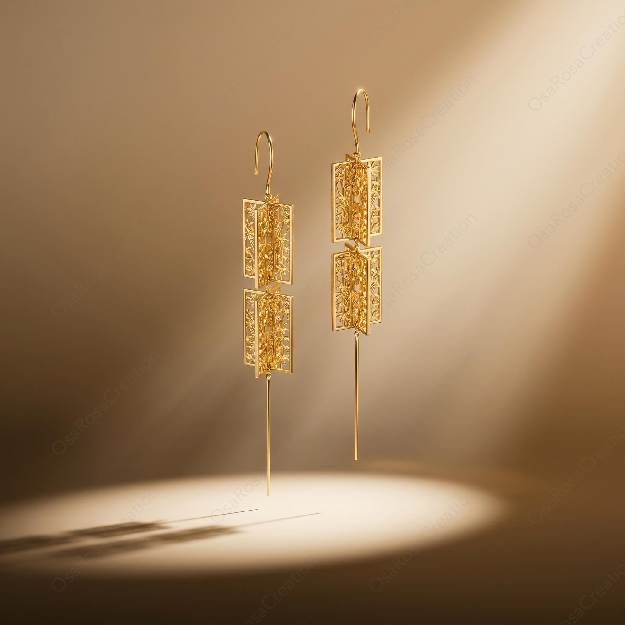 Gold Bamboo Lantern Drop Earrings, Architectural Oriental Botanical Statement Jewelry