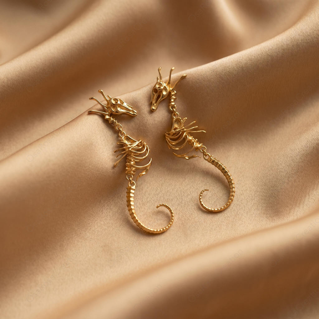 Siren’s Abyss Flower Seahorse Bone Earrings — Gold Plated Jewelry