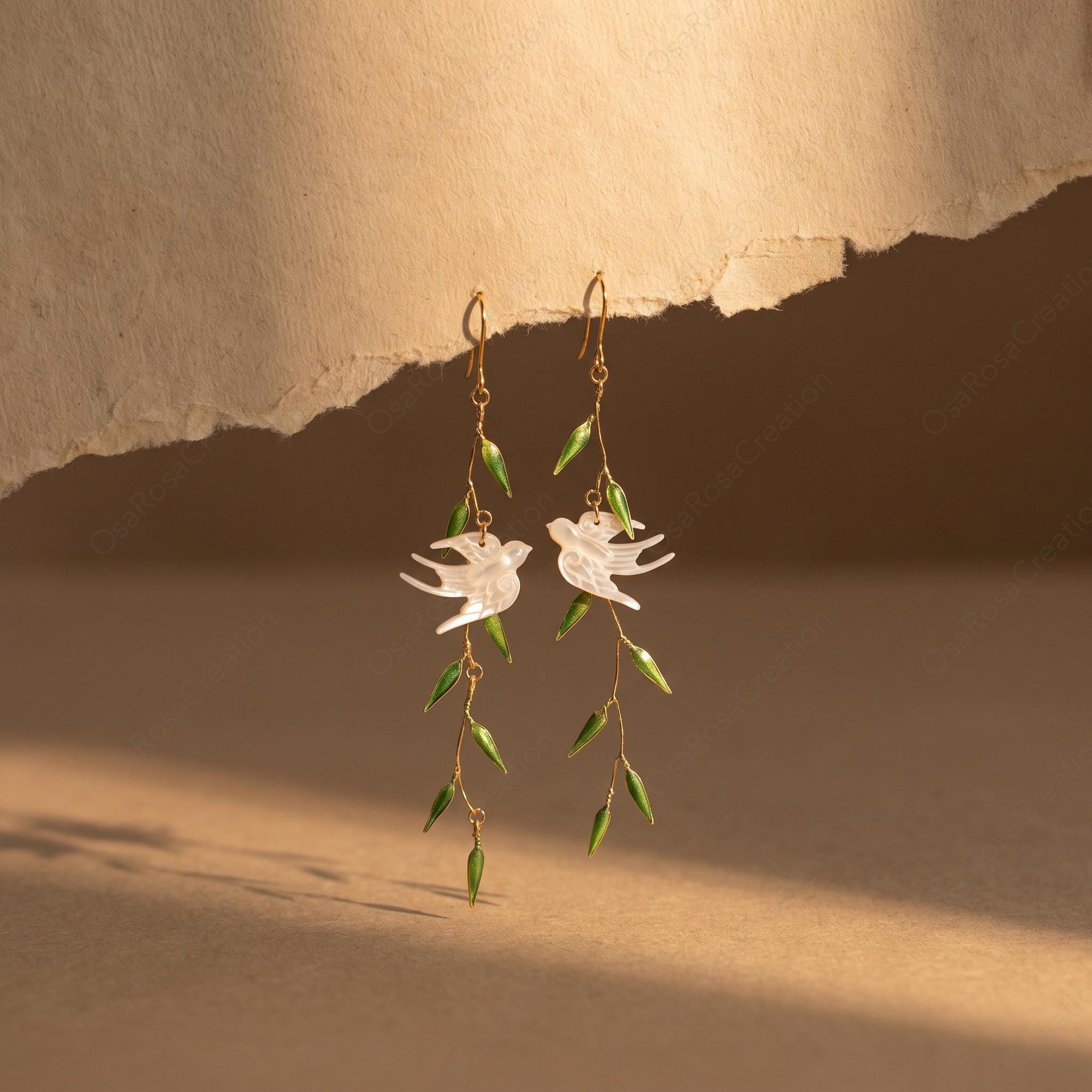 Mother of Pearl Bird Earrings, Gold Enamel Leaf Vine Dangle Jewelry