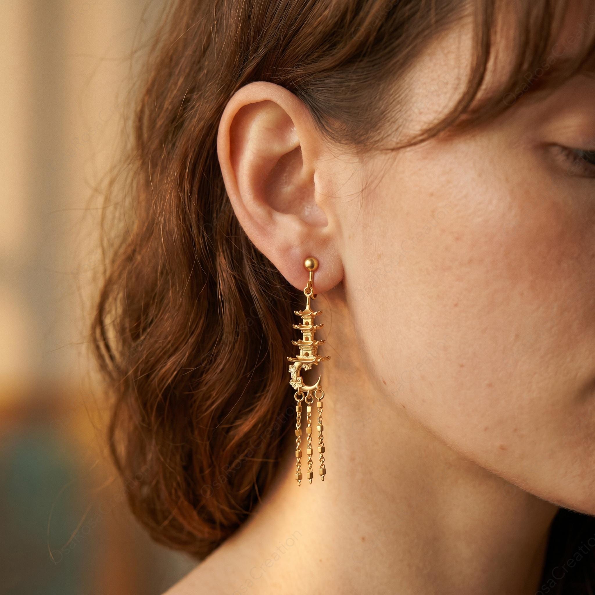 Moon Pagoda Earrings, Gold Temple Dangle Earrings, Crescent Tower Drop Earrings, Oriental Myth Jewelry