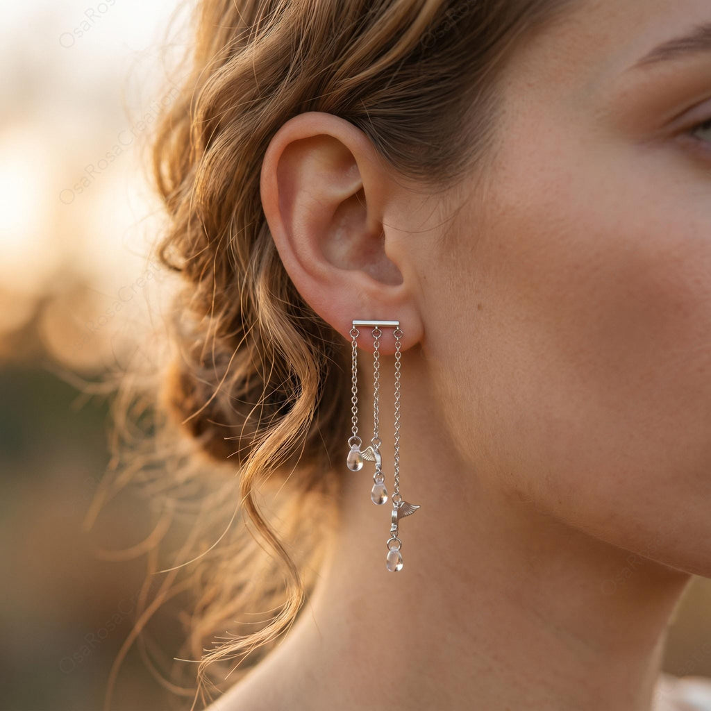 Kinetic Silver Bird Drop Earrings with Crystal Fringe – Nature Inspired Chandelier Jewelry