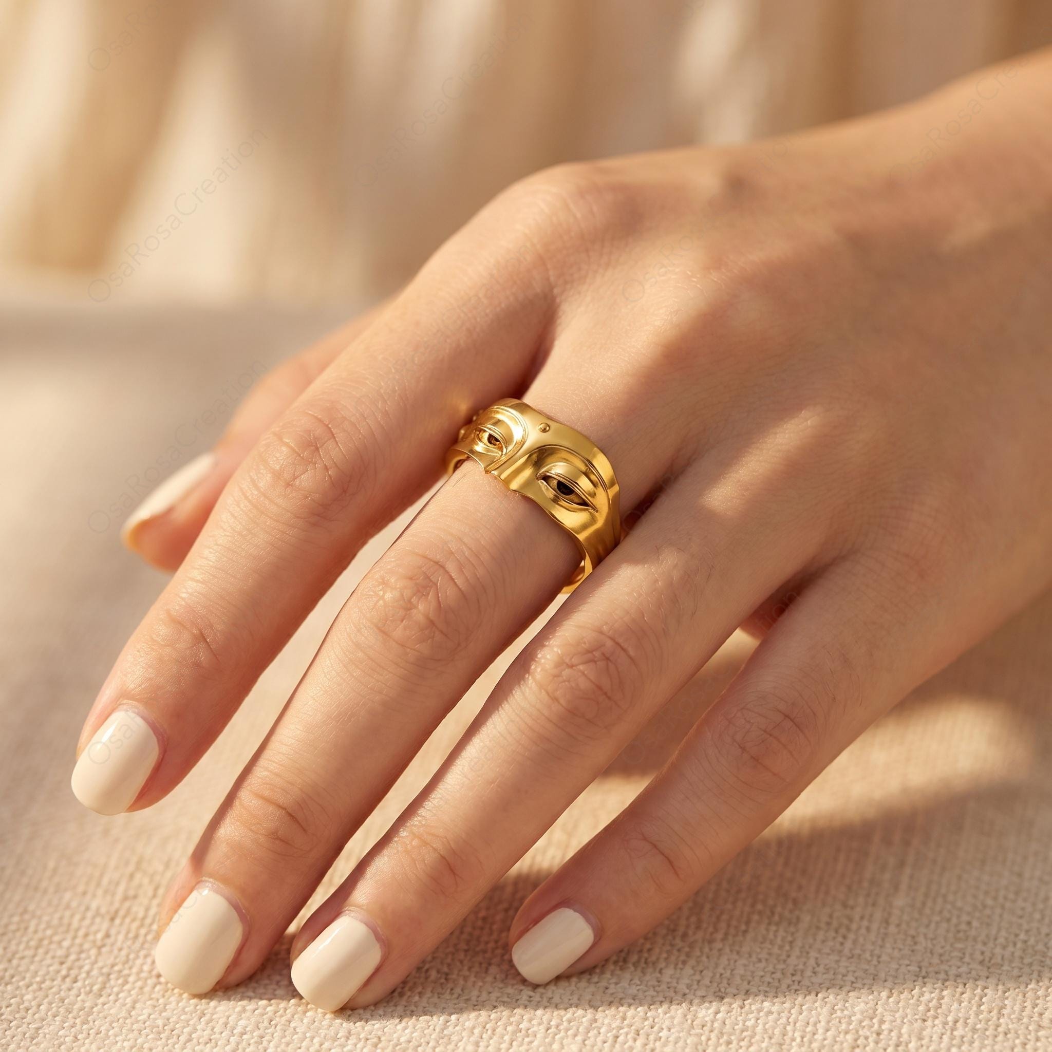 Sculptural Face Ring, Gold Plated Brass Abstract Portrait Jewelry