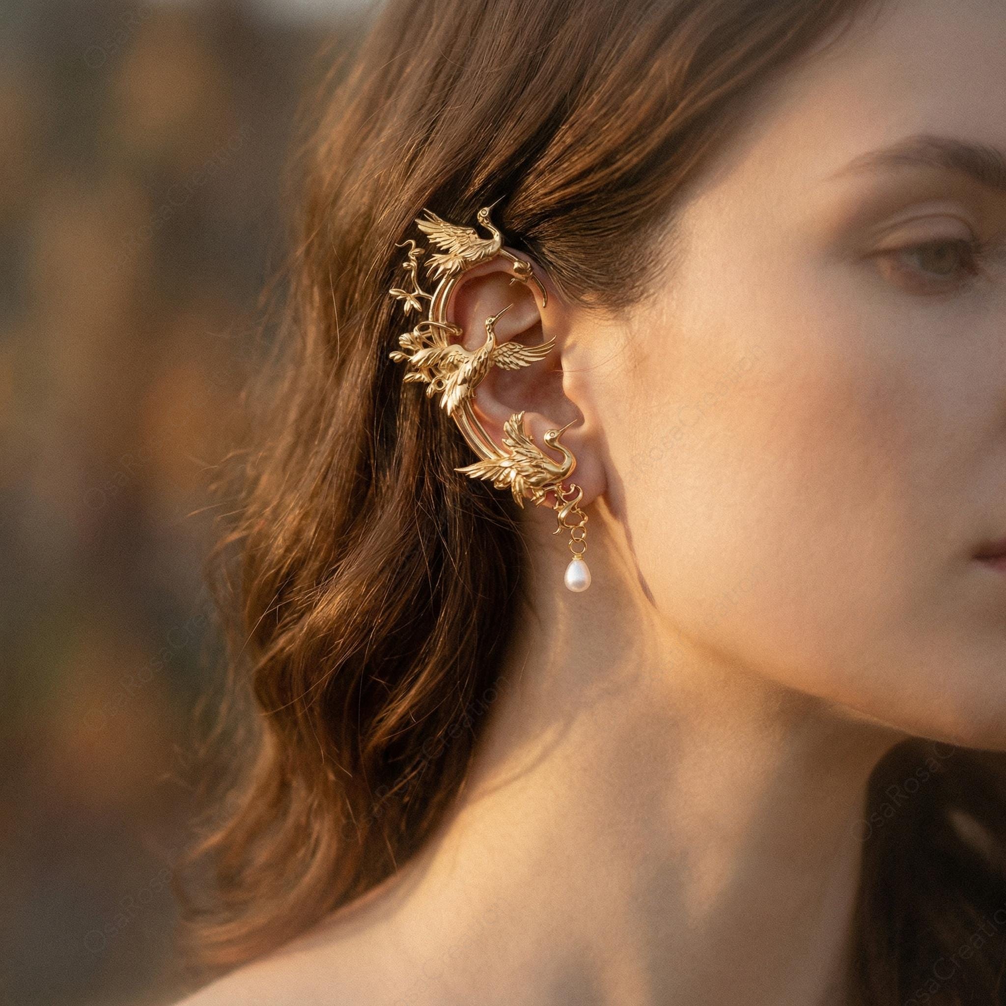 Gold Crane Ear Cuff with Pearl Drop – Art Nouveau Botanical Ear Wrap, Single Right Ear