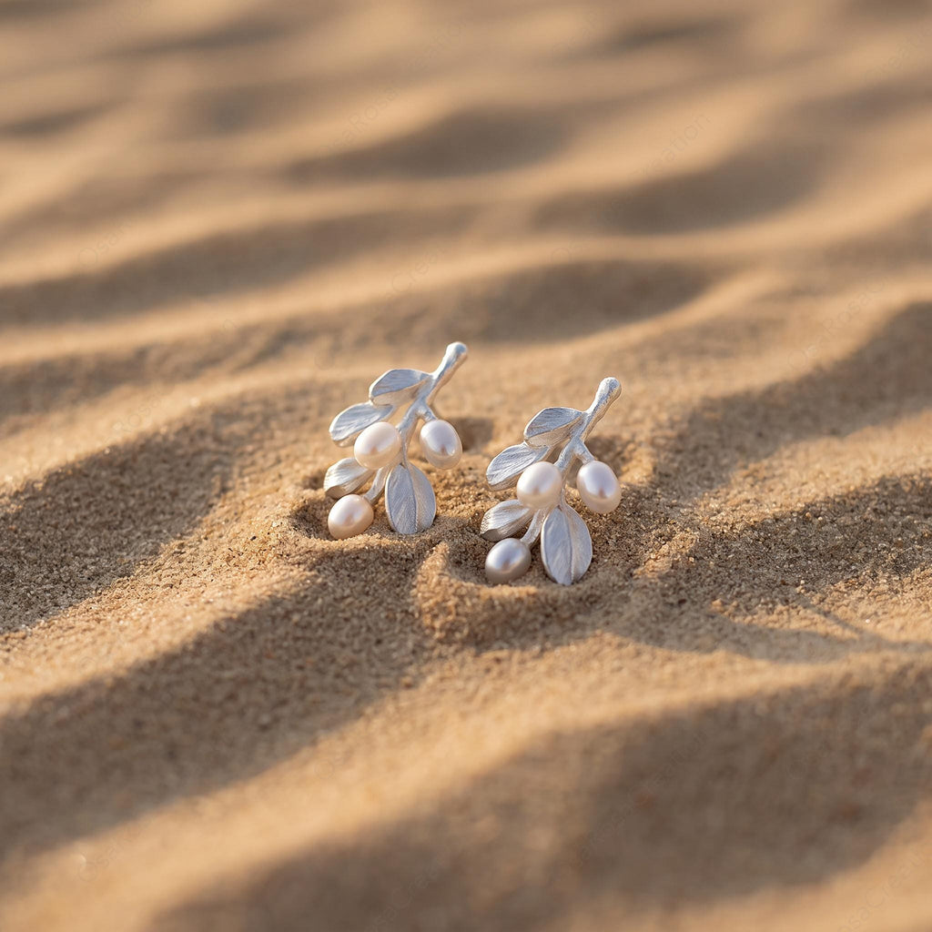 Silver Botanical Branch Earrings with Pearls