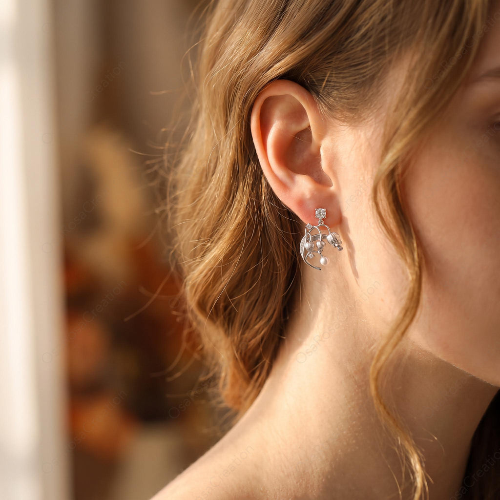 Silver Lily of the Valley Earrings, Pearl Drop Botanical Jewelry
