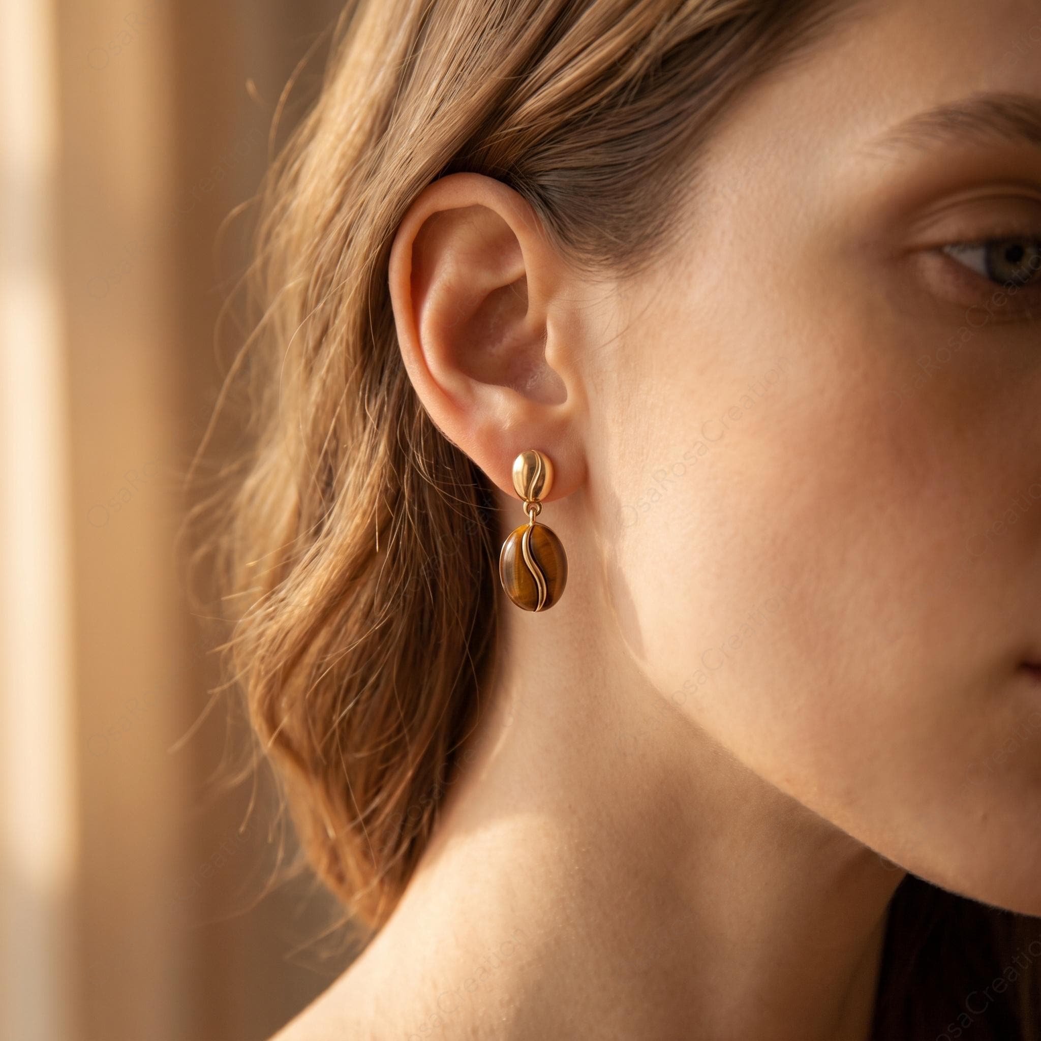 Sculptural Coffee Bean Earrings, Faux Tiger's Eye, Gold Plated Copper, 925 Sterling Silver Post