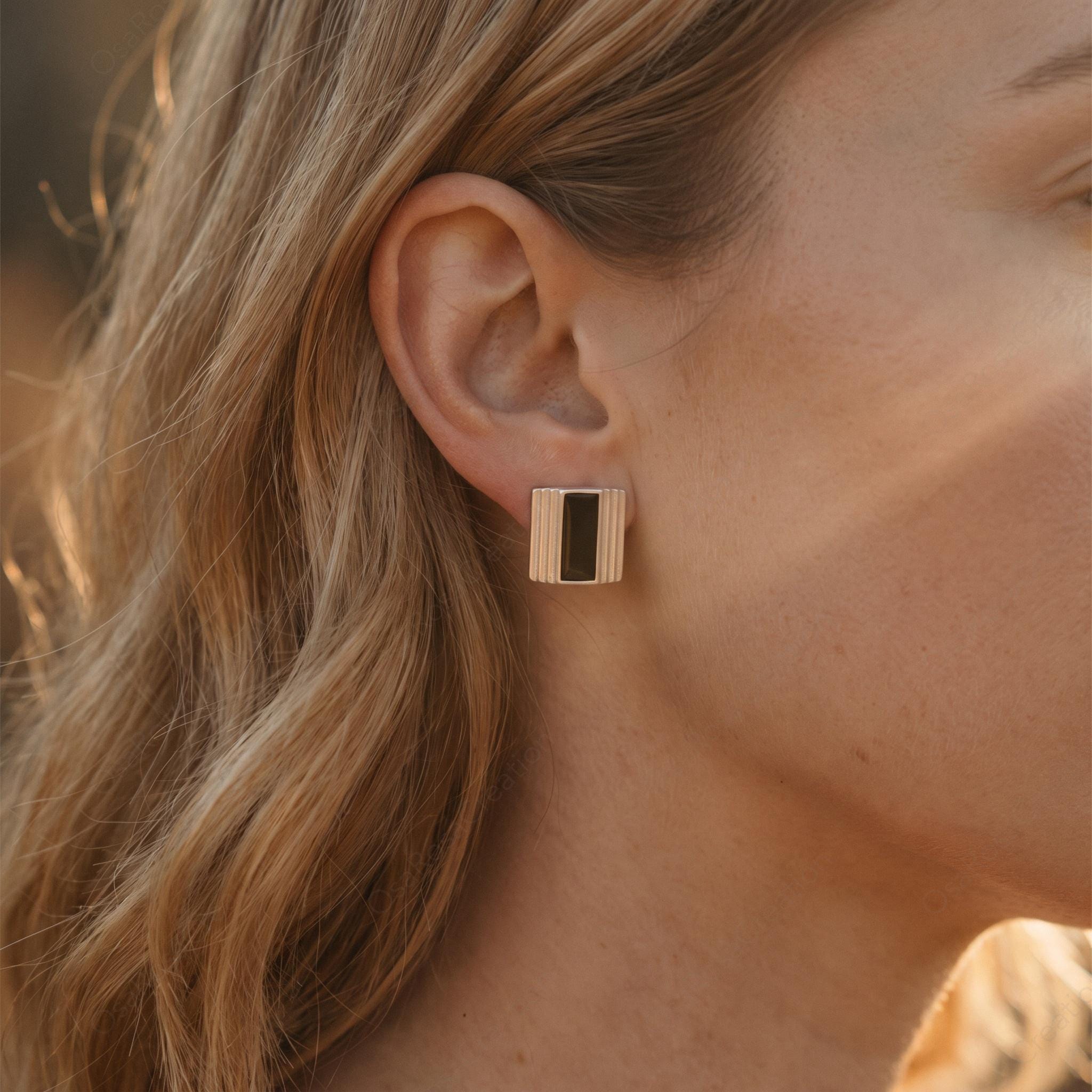 Art Deco Silver Rectangular Stud Earrings, Geometric Black White Architecture Jewelry