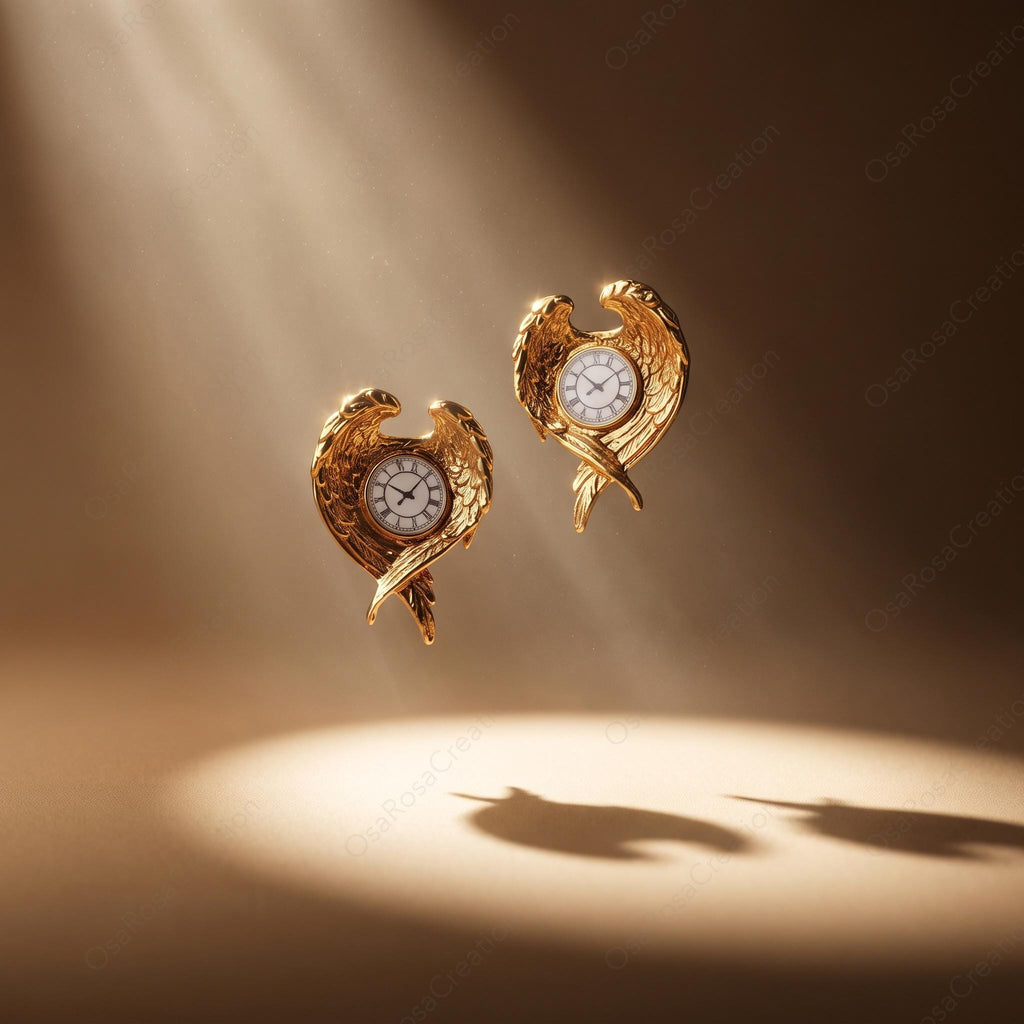 Gold Angel Wing Clock Earrings, Vintage Timepiece Studs, Surrealist Art Jewelry