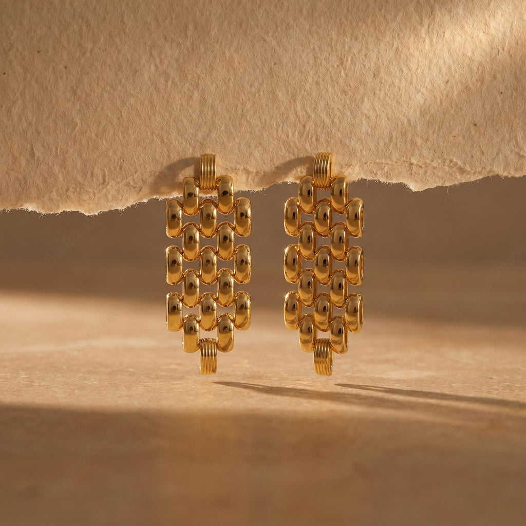 Chunky Gold Woven Drop Earrings, Architectural Statement Jewelry, Vintage Style Gift