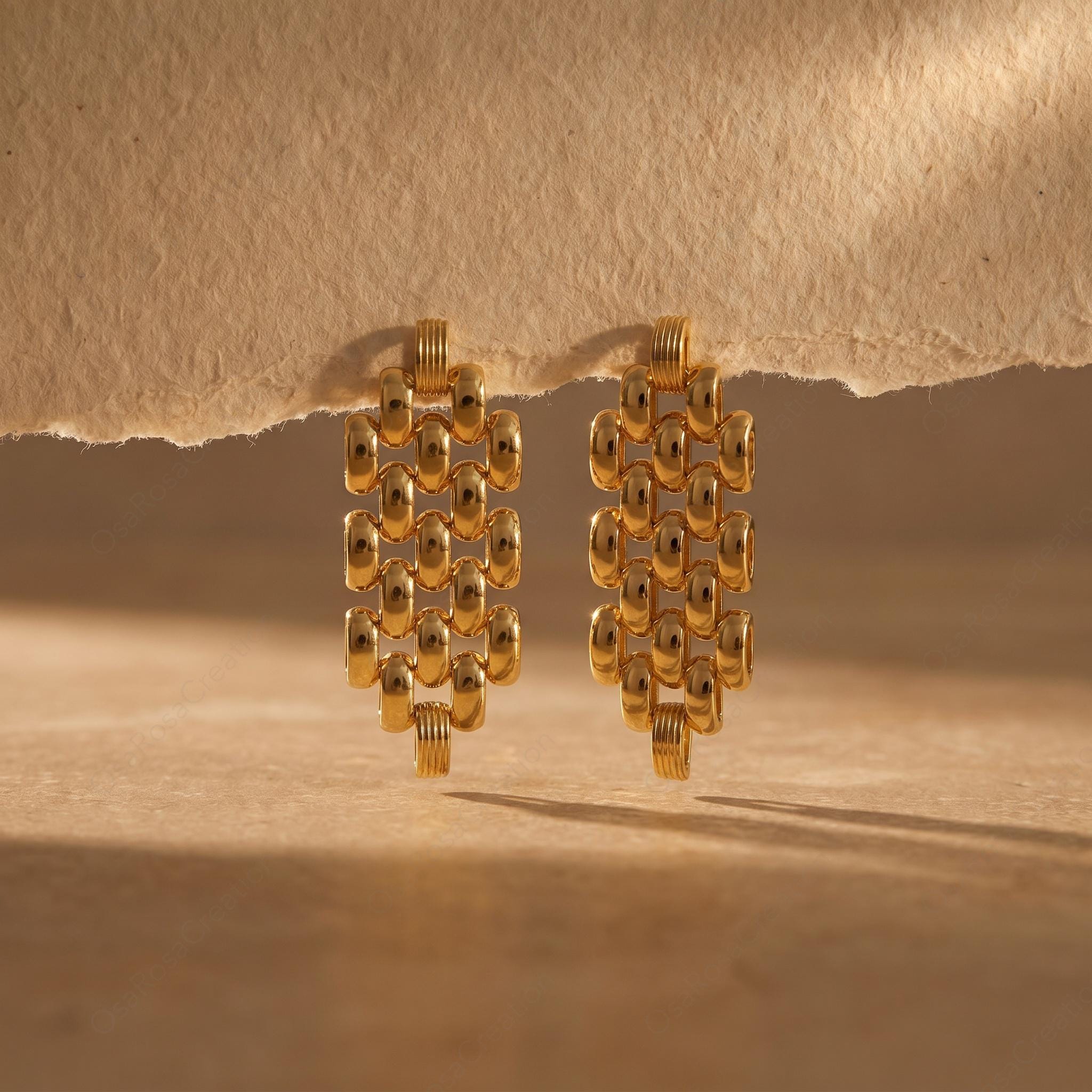 Chunky Gold Woven Drop Earrings, Architectural Statement Jewelry, Vintage Style Gift