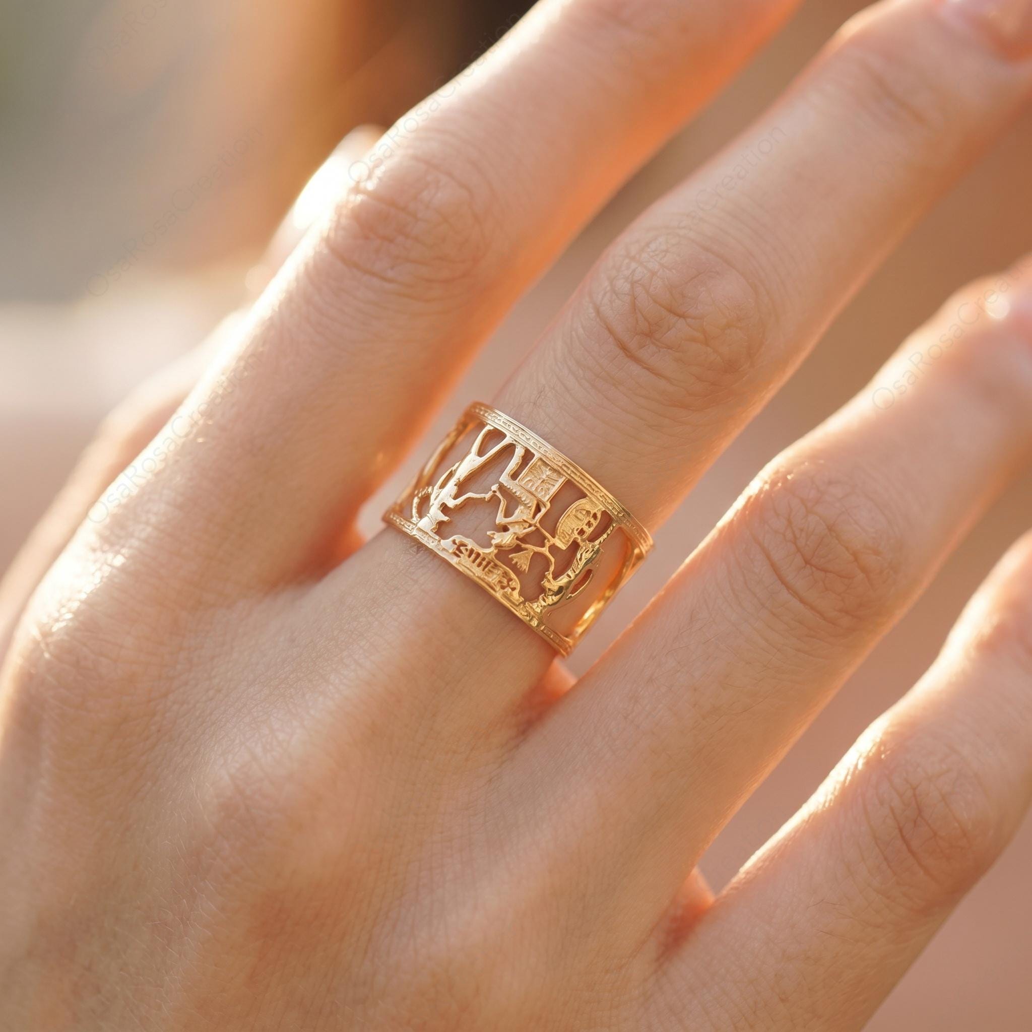 Gold Plated Copper Hieroglyphic Ring | Egyptian Nile Statement Jewelry (Adjustable)